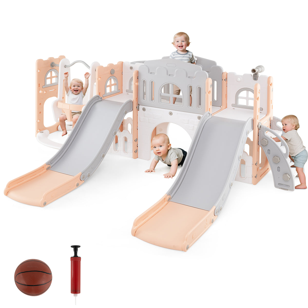 10-in-1 Toddler Slide and Swing Set with Tunnel and Basketball Hoop-Playground Climbers & Slides-DECOROLALA