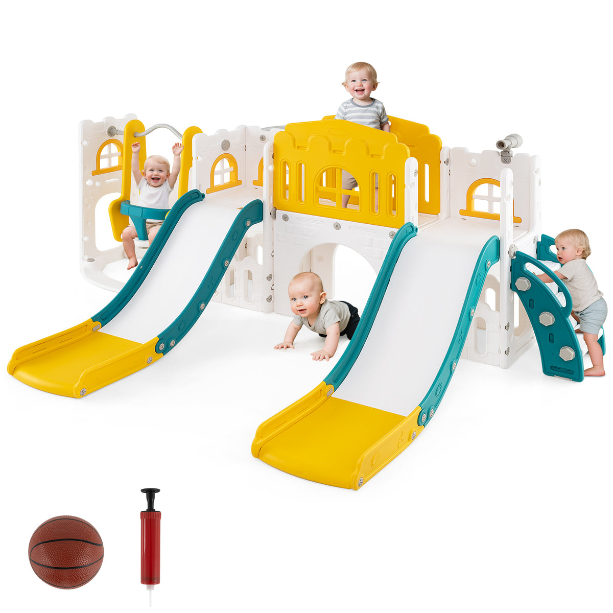 10-in-1 Toddler Slide and Swing Set with Tunnel and Basketball Hoop-Playground Climbers & Slides-DECOROLALA