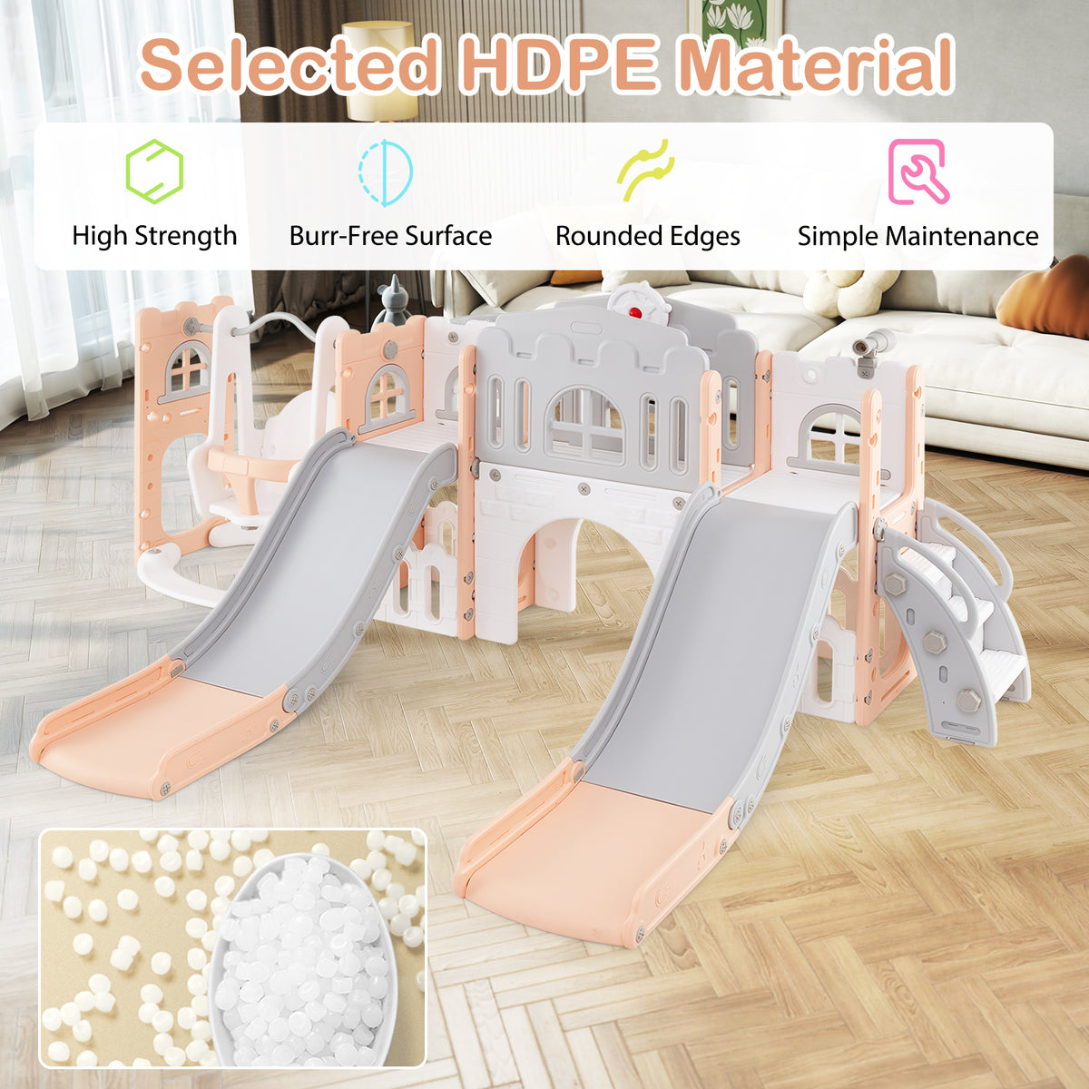 10-in-1 Toddler Slide and Swing Set with Tunnel and Basketball Hoop-Playground Climbers & Slides-DECOROLALA