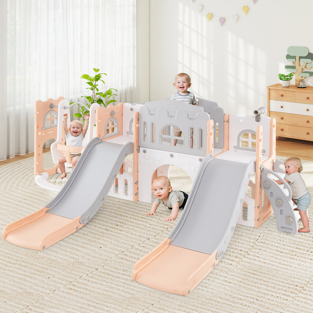 10-in-1 Toddler Slide and Swing Set with Tunnel and Basketball Hoop-Playground Climbers & Slides-DECOROLALA