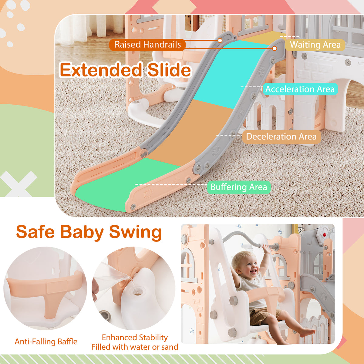 10-in-1 Toddler Swing & Slide Set w/ Basketball Hoop-Playground Climbers & Slides-DECOROLALA