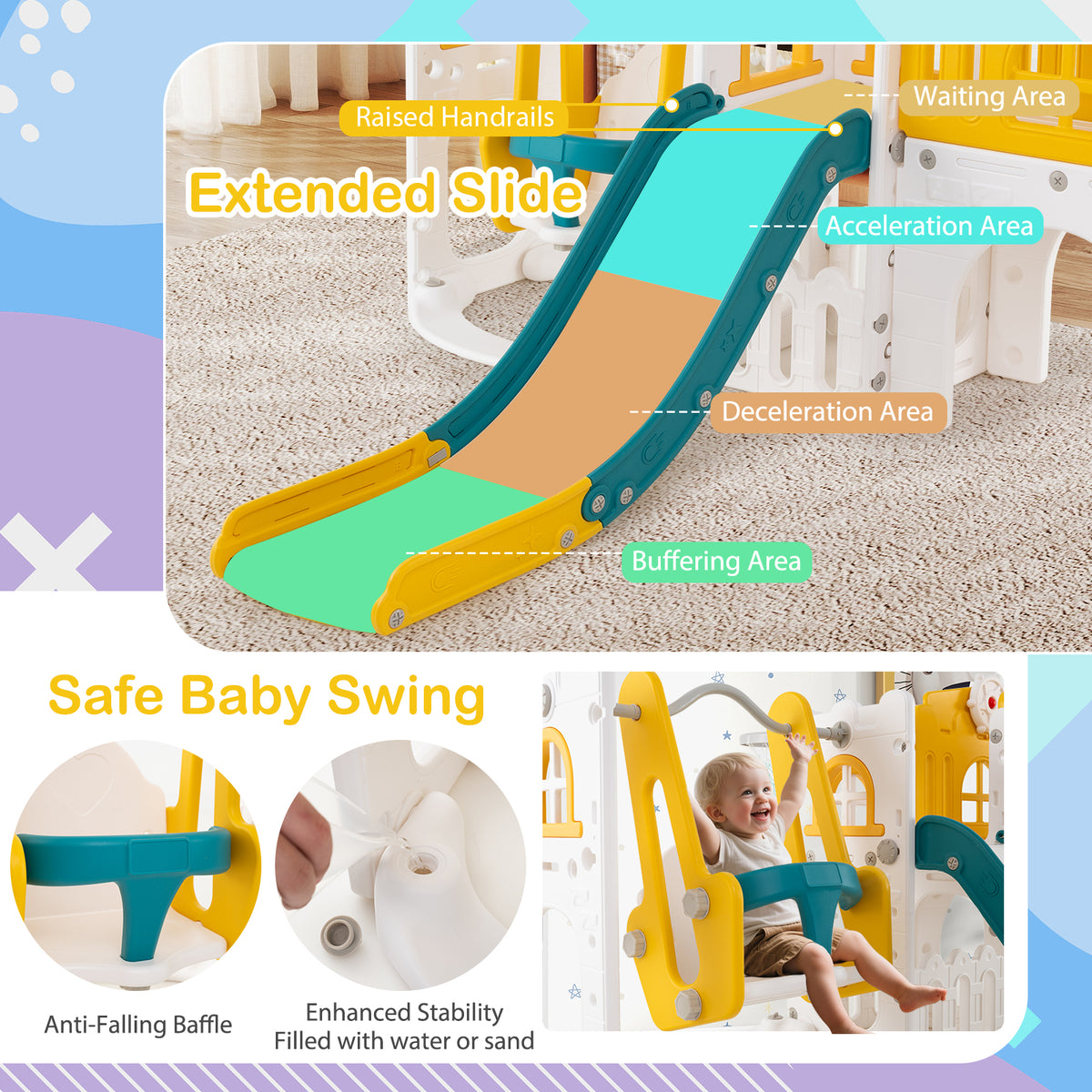 10-in-1 Toddler Swing & Slide Set w/ Basketball Hoop-Playground Climbers & Slides-DECOROLALA