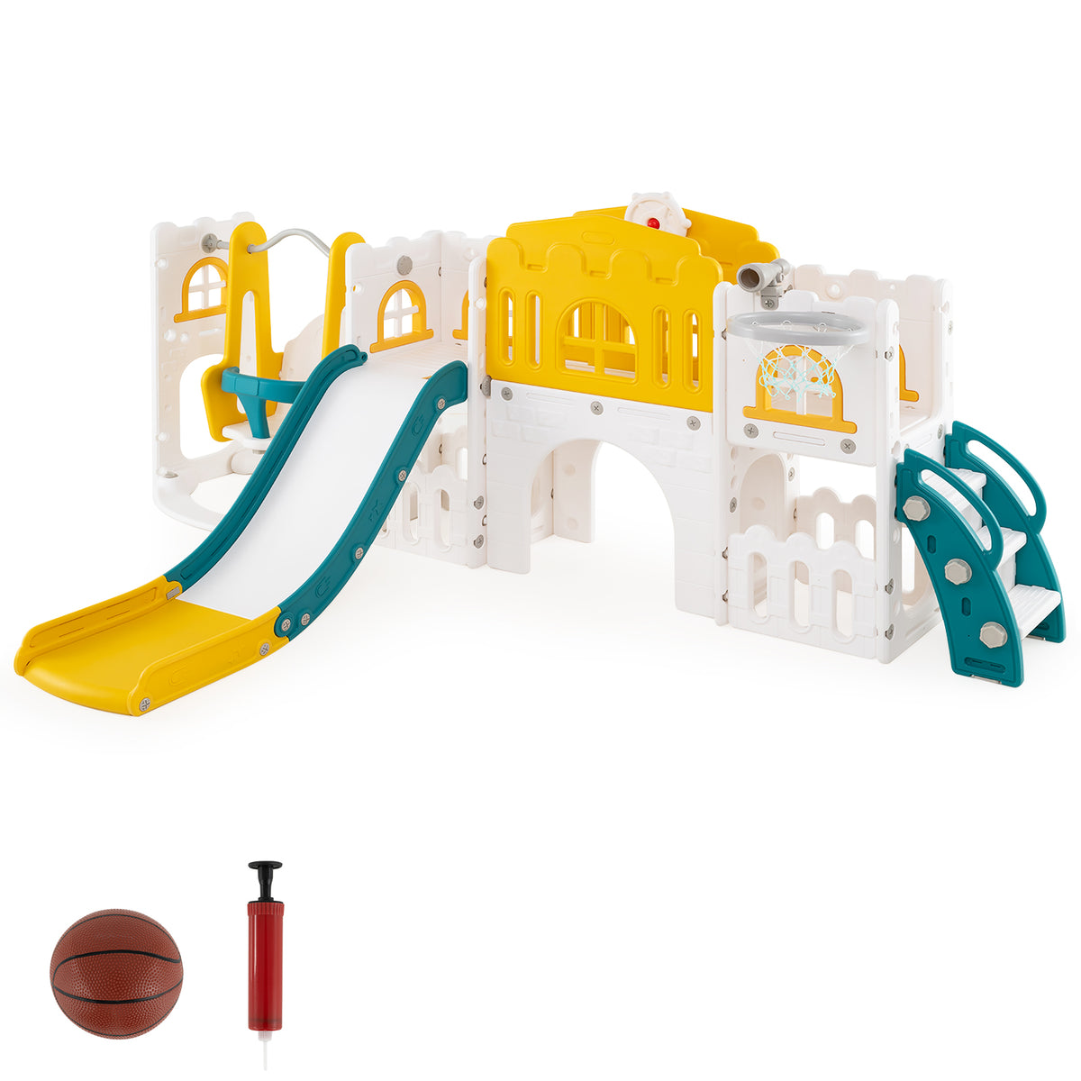 10-in-1 Toddler Swing & Slide Set w/ Basketball Hoop-Playground Climbers & Slides-DECOROLALA