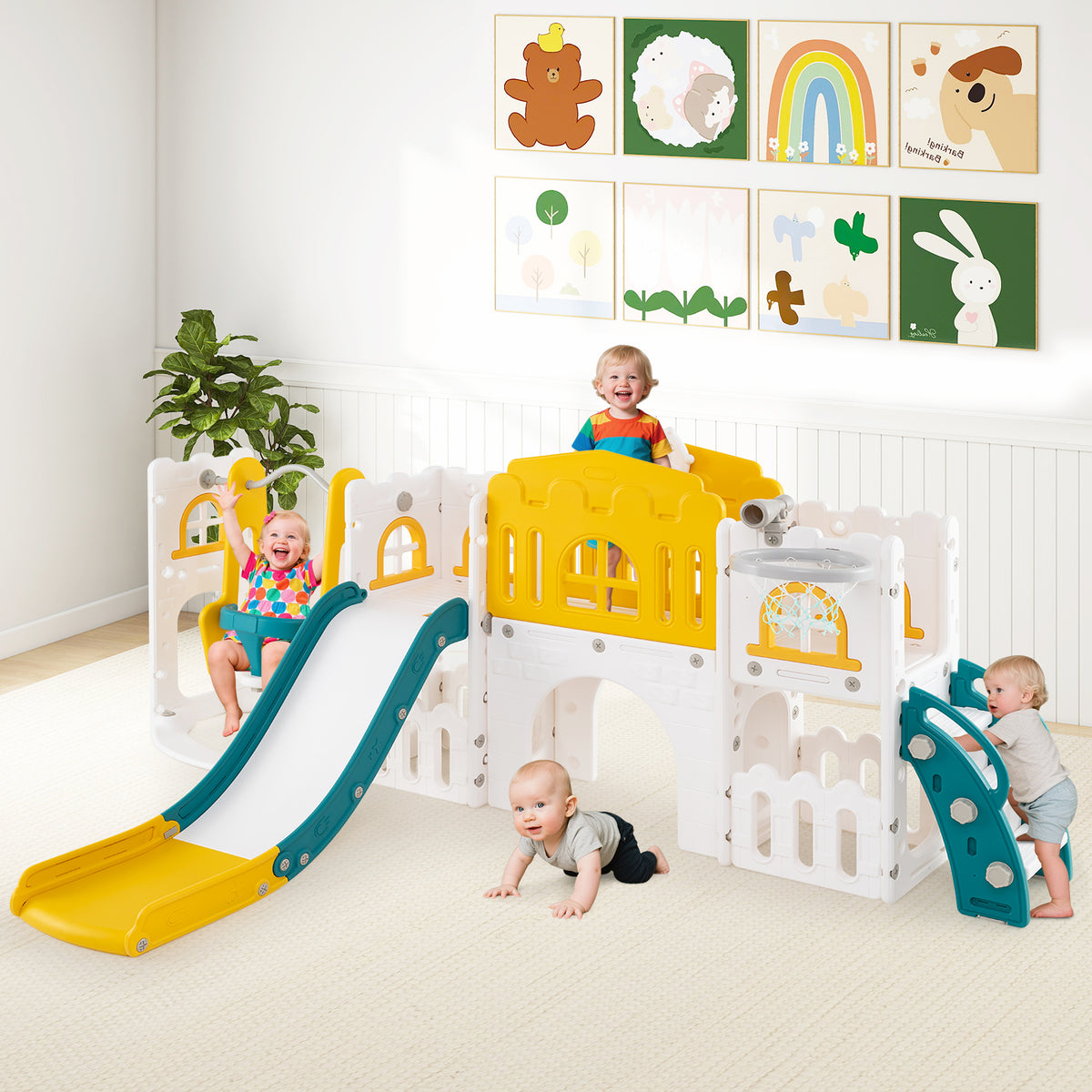 10-in-1 Toddler Swing & Slide Set w/ Basketball Hoop-Playground Climbers & Slides-DECOROLALA
