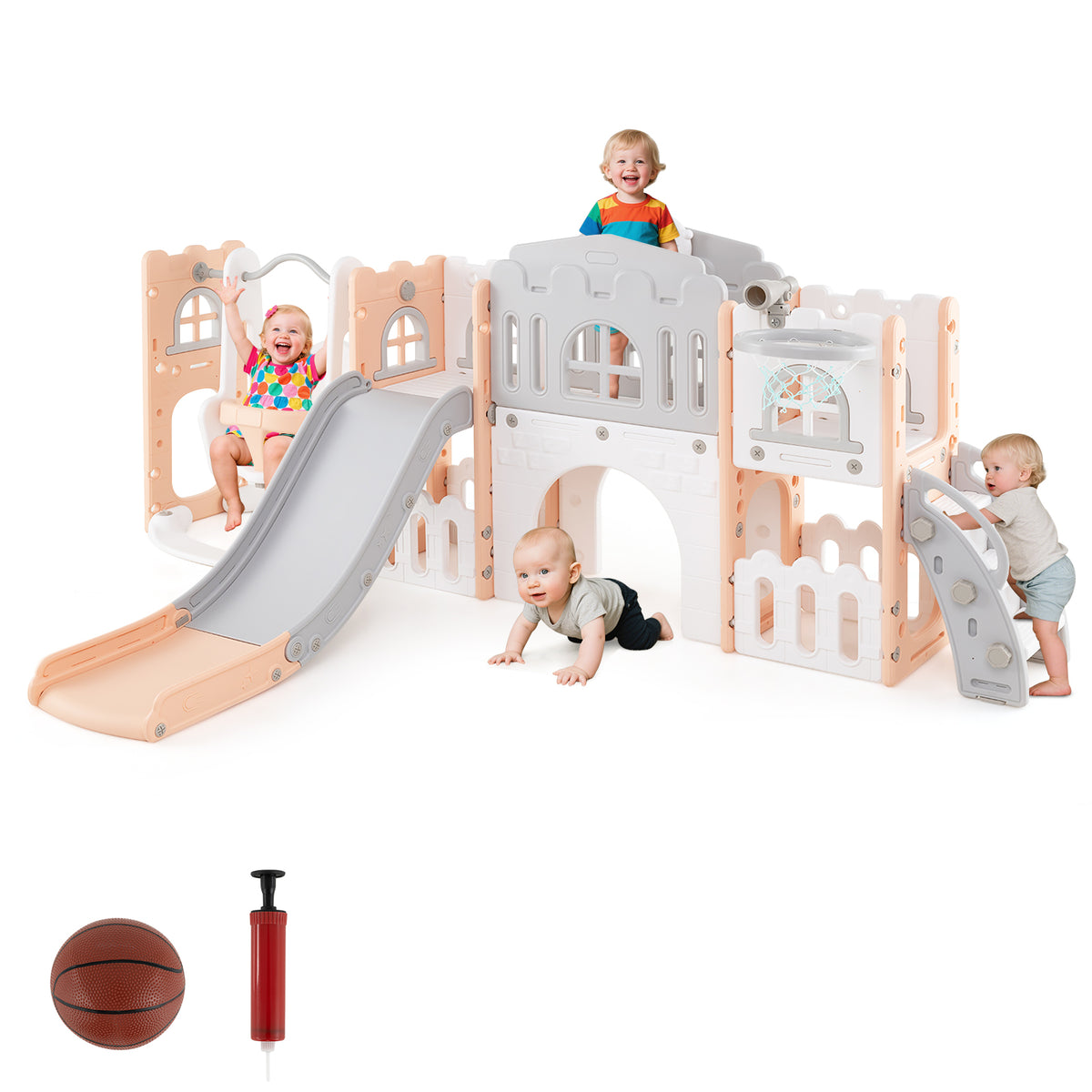 10-in-1 Toddler Swing & Slide Set w/ Basketball Hoop-Playground Climbers & Slides-DECOROLALA