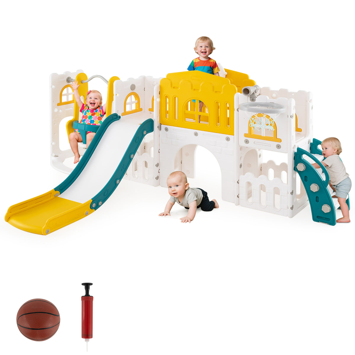 10-in-1 Toddler Swing & Slide Set w/ Basketball Hoop-Playground Climbers & Slides-DECOROLALA