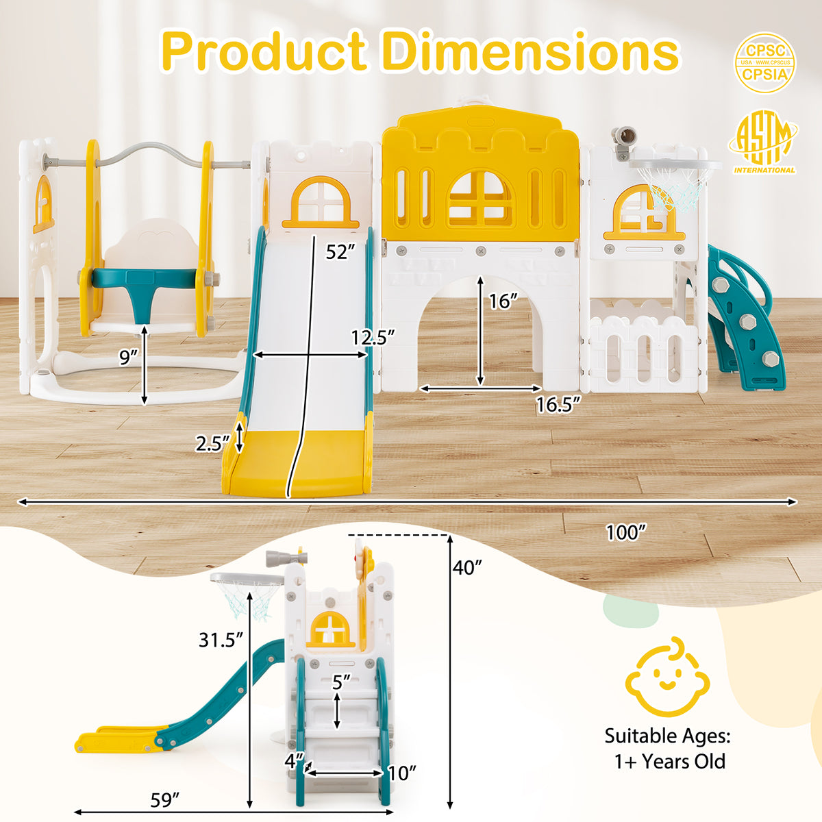 10-in-1 Toddler Swing & Slide Set w/ Basketball Hoop-Playground Climbers & Slides-DECOROLALA