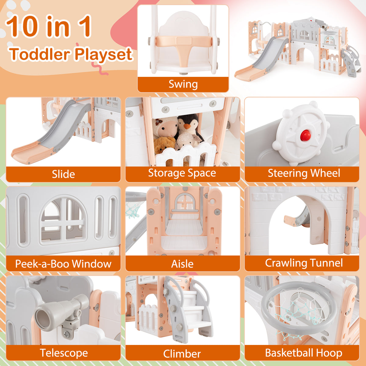 10-in-1 Toddler Swing & Slide Set w/ Basketball Hoop-Playground Climbers & Slides-DECOROLALA