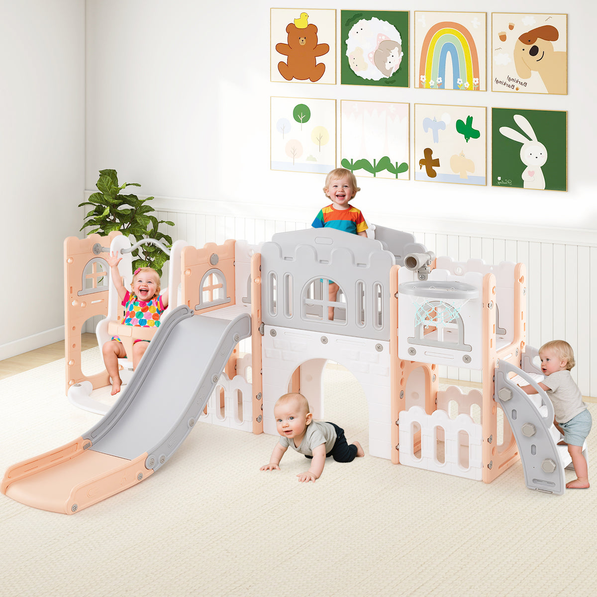 10-in-1 Toddler Swing & Slide Set w/ Basketball Hoop-Playground Climbers & Slides-DECOROLALA