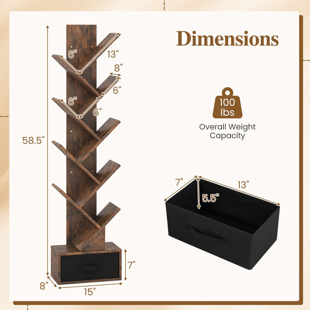 10-tier Tree Bookshelf with Drawer Free-standing Storage Bookcase-Bookcases-DECOROLALA