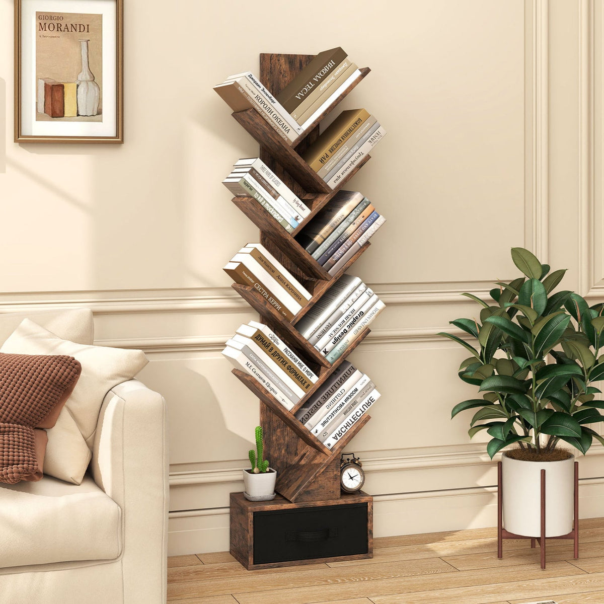 10-tier Tree Bookshelf with Drawer Free-standing Storage Bookcase-Bookcases-DECOROLALA
