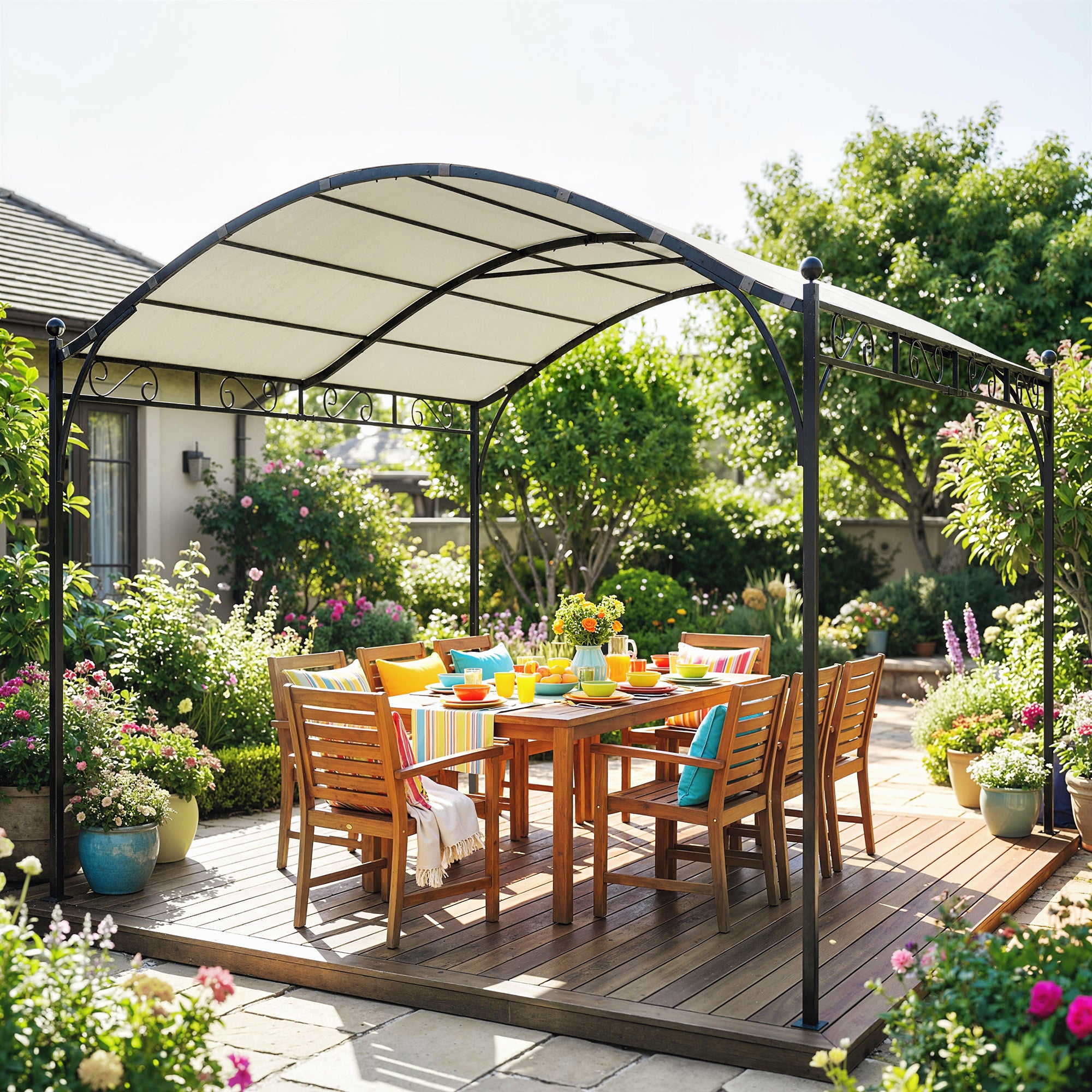 10' x 10' Arched Pergola - Steel Frame Cream White-DECOROLALA