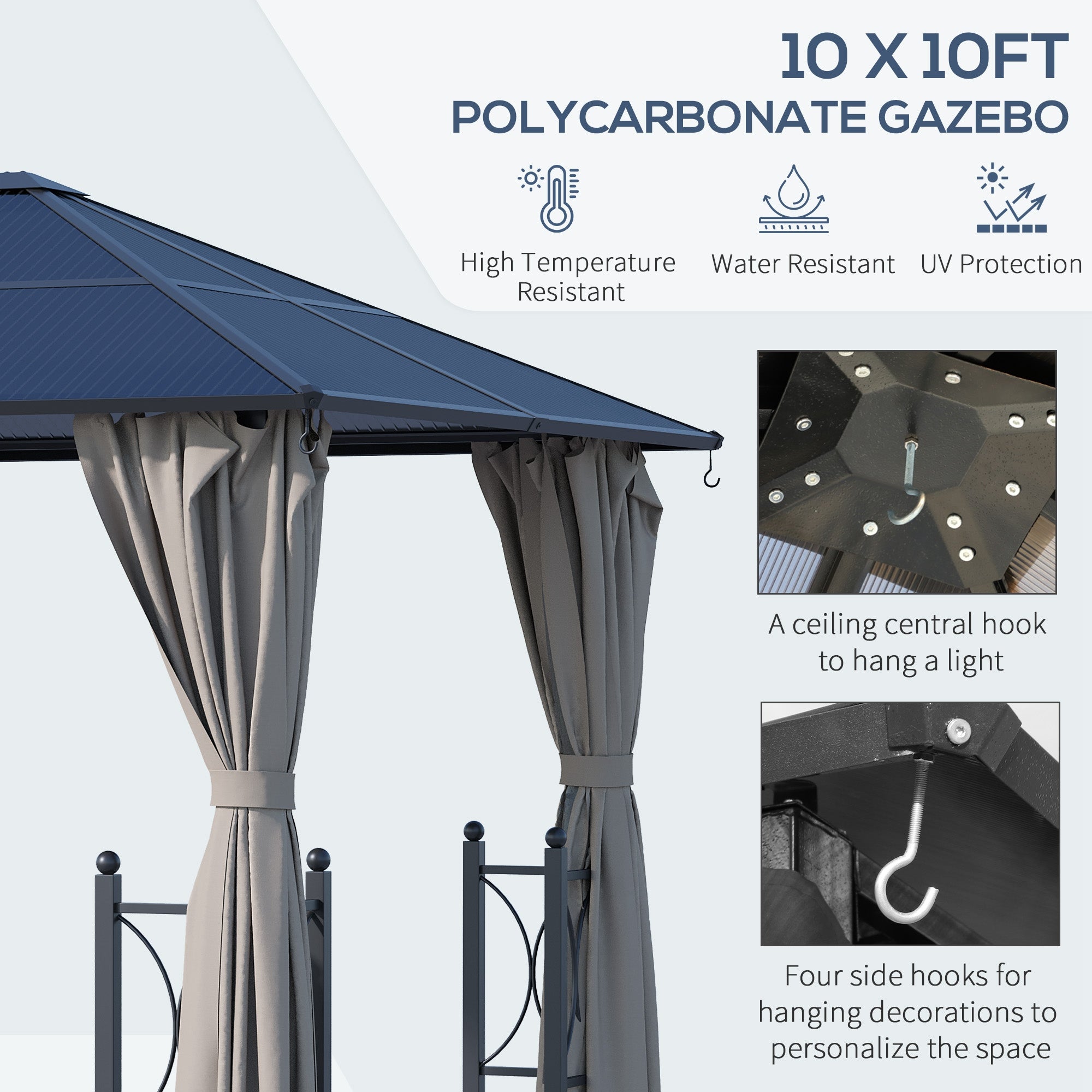 10' x 10' Black Gazebo with Polycarbonate Roof & Aluminum Frame, Party Tent-DECOROLALA