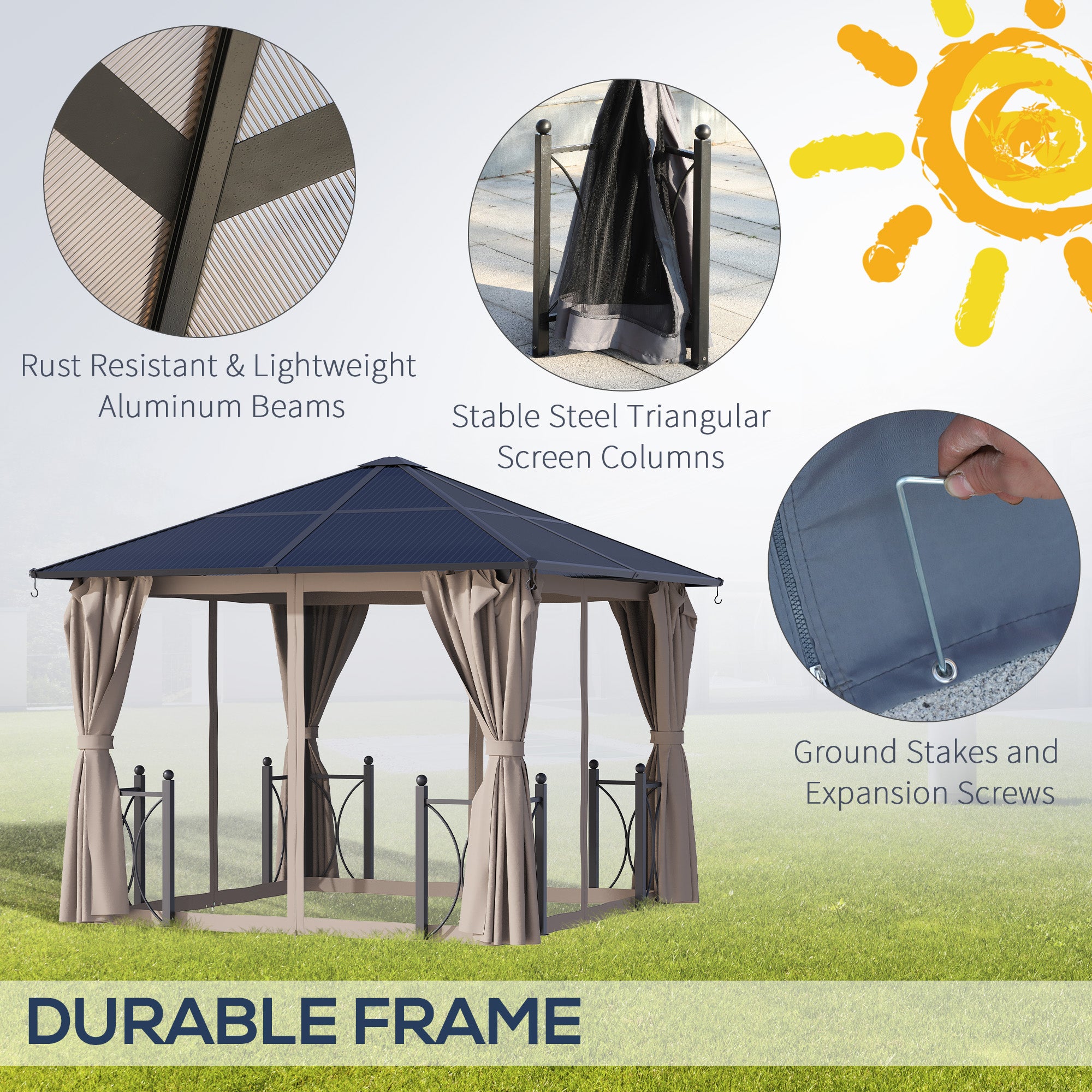 10' x 10' Black Gazebo with Polycarbonate Roof & Aluminum Frame, Party Tent-DECOROLALA