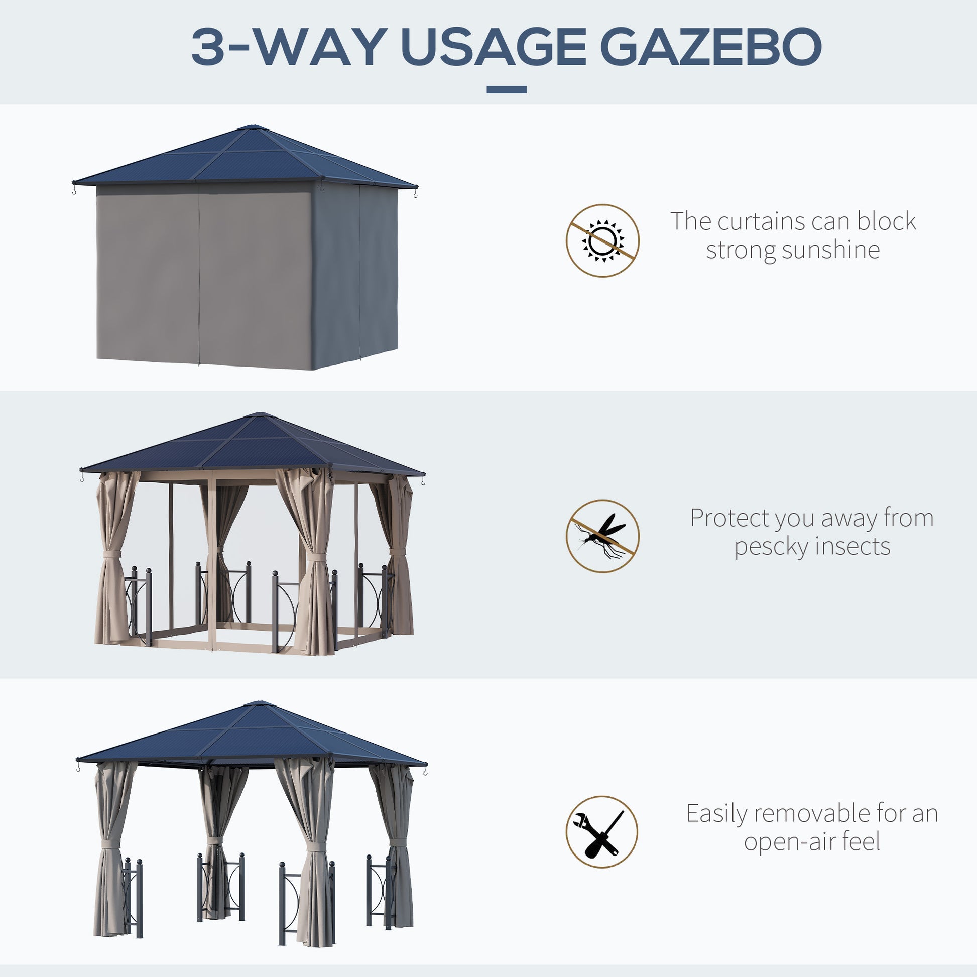 10' x 10' Black Gazebo with Polycarbonate Roof & Aluminum Frame, Party Tent-DECOROLALA