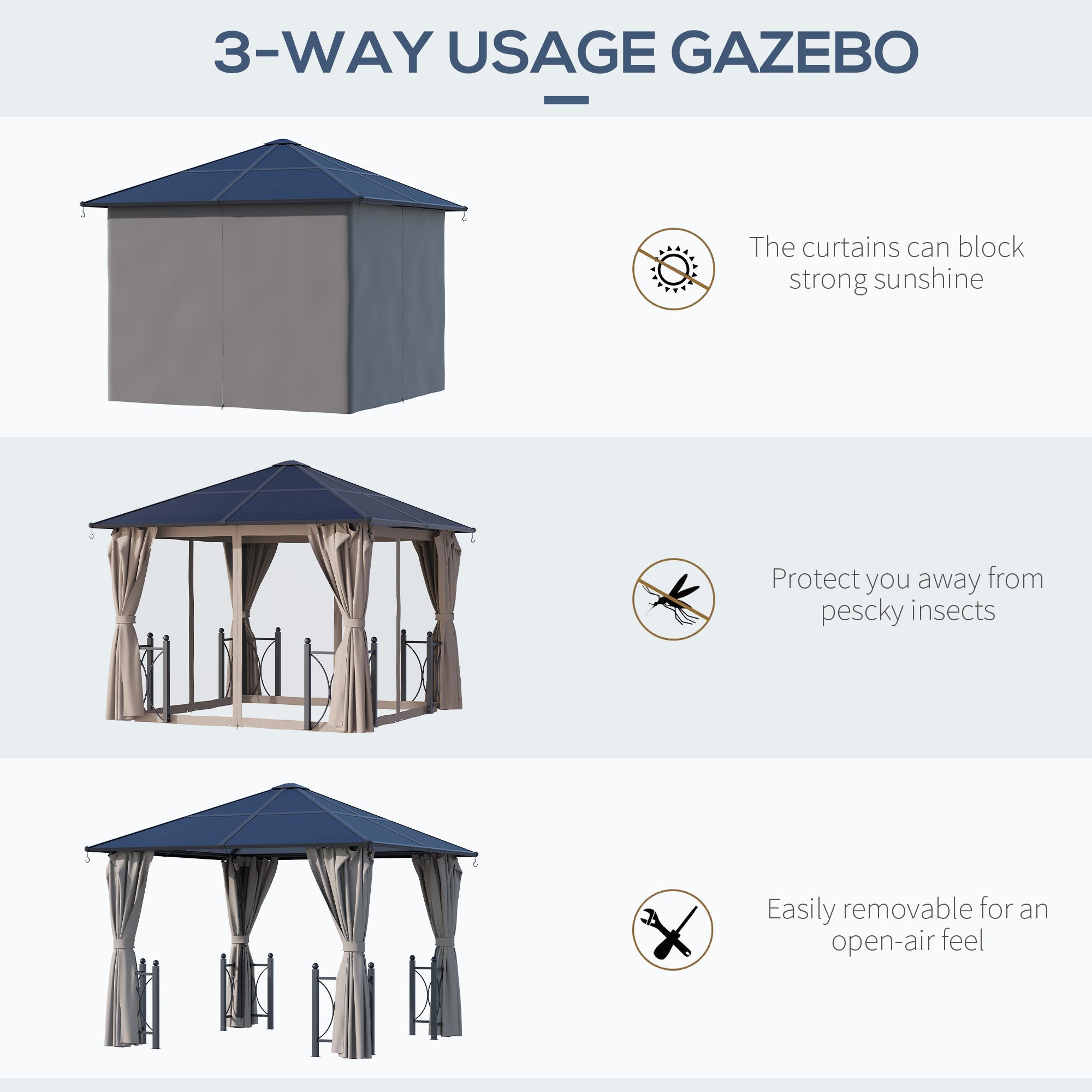 10' x 10' Black Gazebo with Polycarbonate Roof & Aluminum Frame, Party Tent-DECOROLALA