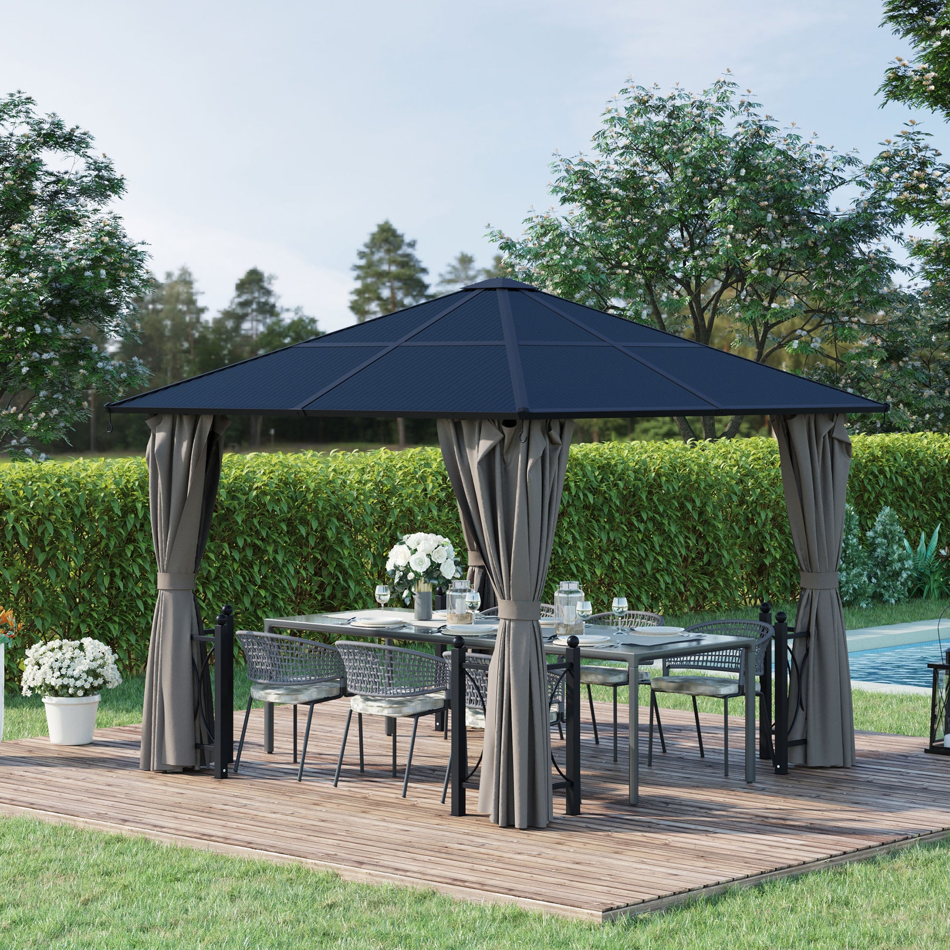 10' x 10' Black Gazebo with Polycarbonate Roof & Aluminum Frame, Party Tent-DECOROLALA