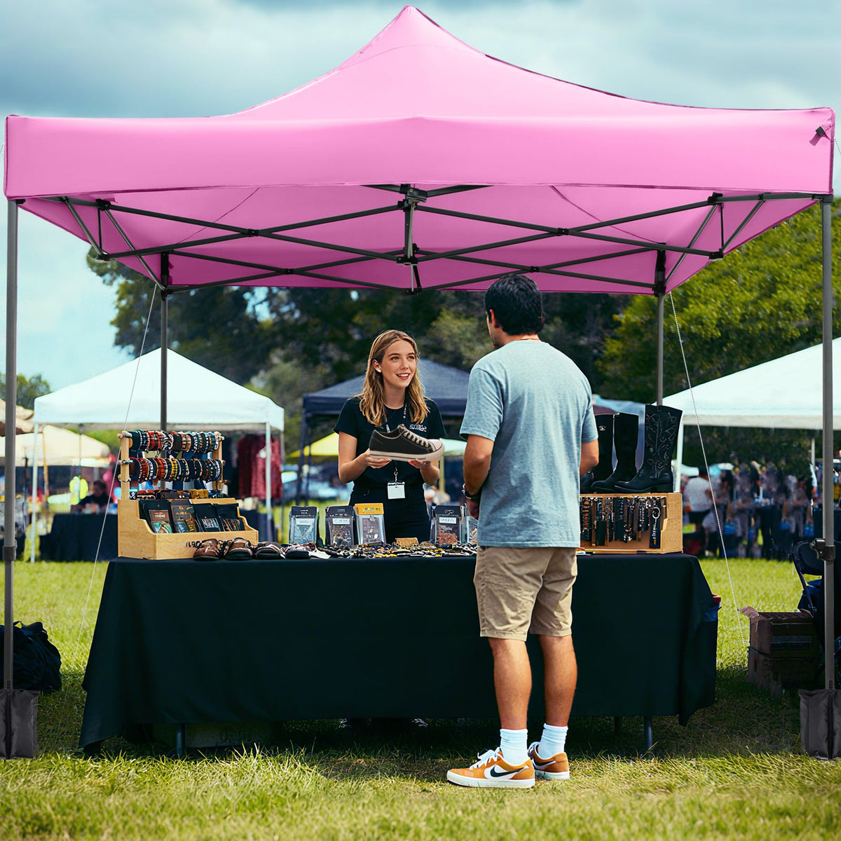 10 x 10 FT Outdoor Pop up Canopy Tent Easy Setup Gazebo Shelter with Wheeled Bag-Pink-Canopies-DECOROLALA