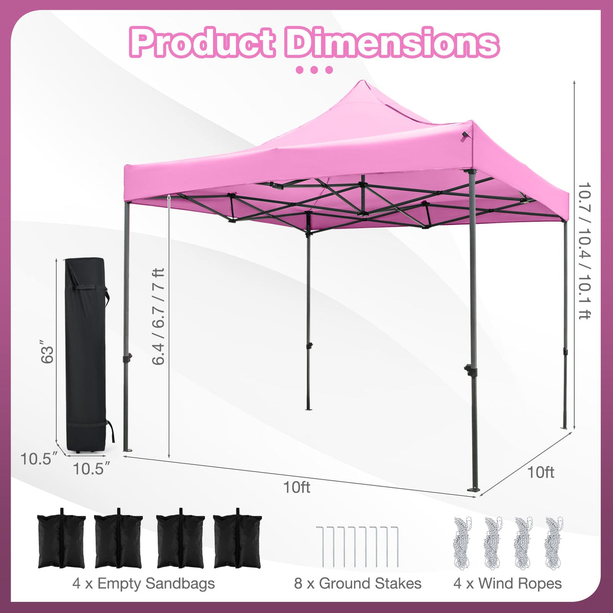 10 x 10 FT Outdoor Pop up Canopy Tent Easy Setup Gazebo Shelter with Wheeled Bag-Pink-Canopies-DECOROLALA