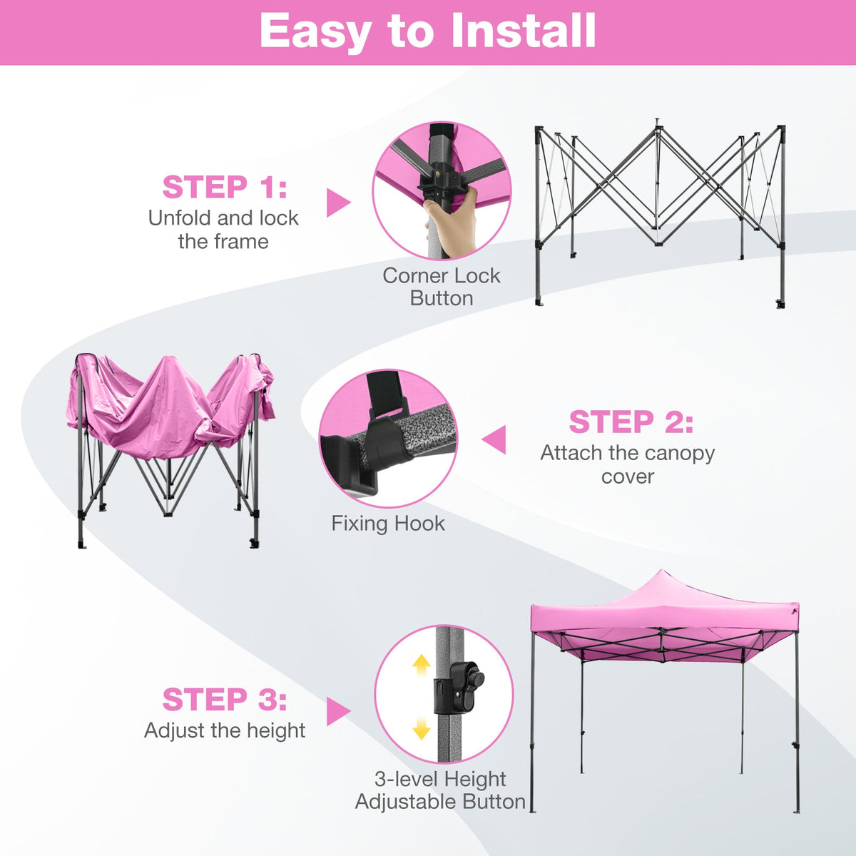 10 x 10 FT Outdoor Pop up Canopy Tent Easy Setup Gazebo Shelter with Wheeled Bag-Pink-Canopies-DECOROLALA