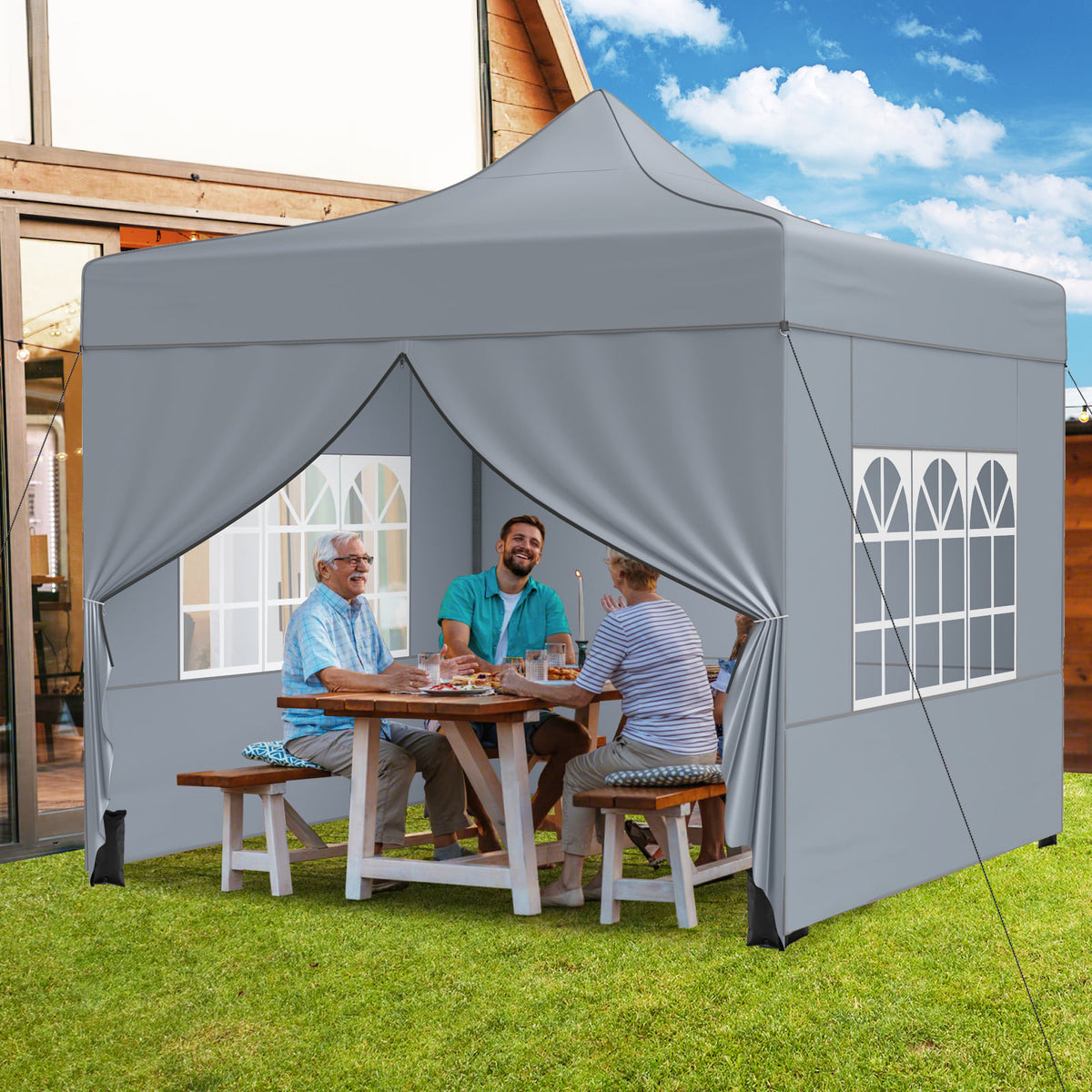 10 x 10 FT Pop up Canopy Tent with 4 Removable Sidewalls and Wheeled Bag-Gray-Canopies-DECOROLALA
