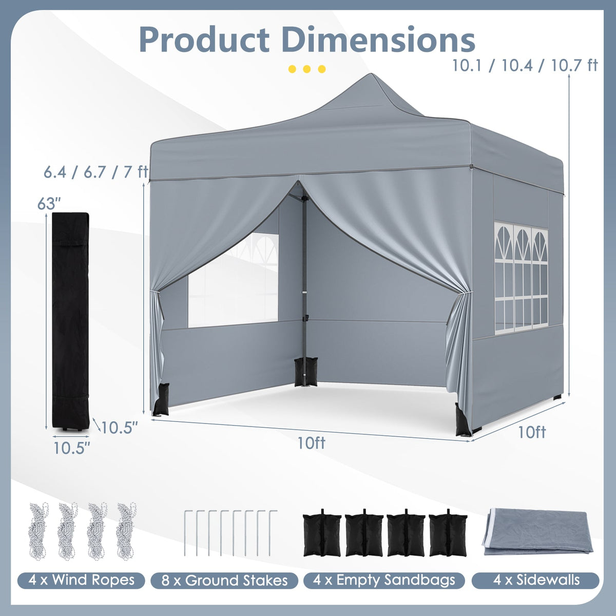 10 x 10 FT Pop up Canopy Tent with 4 Removable Sidewalls and Wheeled Bag-Gray-Canopies-DECOROLALA