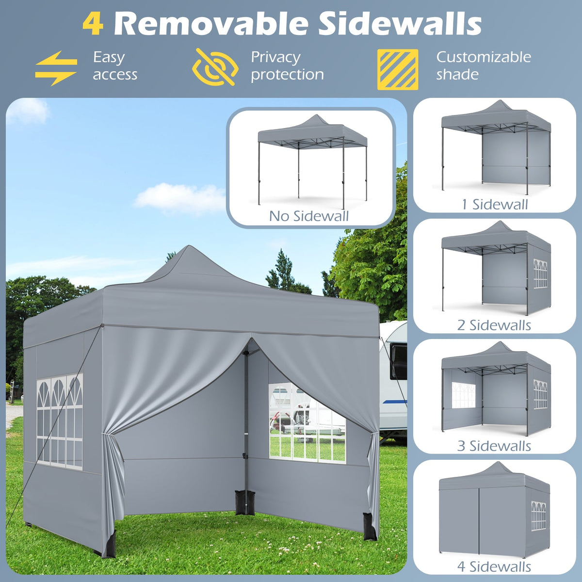 10 x 10 FT Pop up Canopy Tent with 4 Removable Sidewalls and Wheeled Bag-Gray-Canopies-DECOROLALA