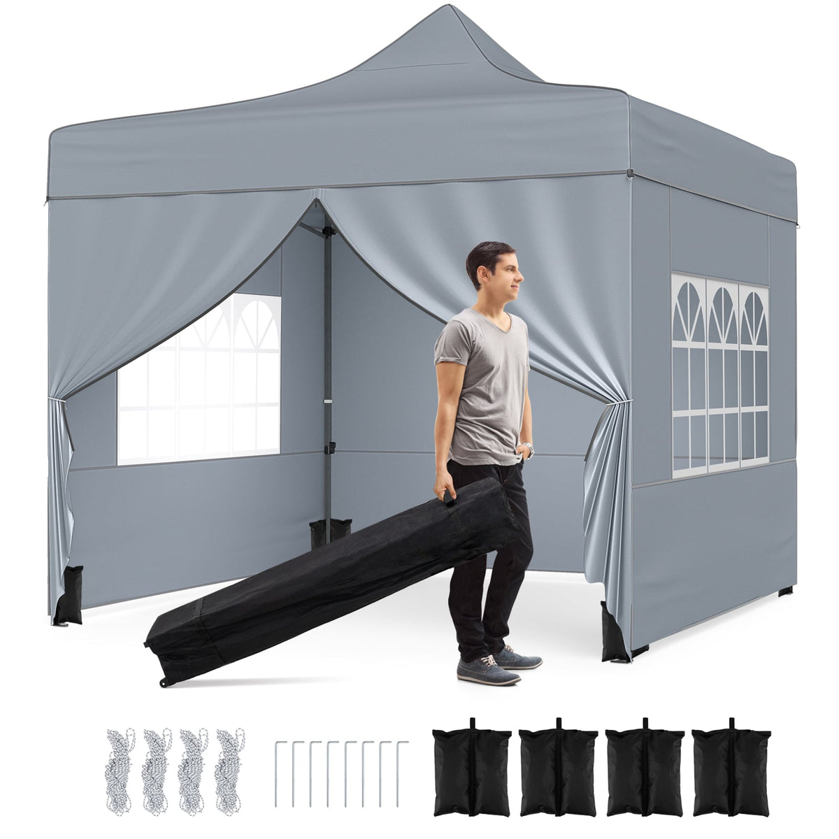 10 x 10 FT Pop up Canopy Tent with 4 Removable Sidewalls and Wheeled Bag-Gray-Canopies-DECOROLALA