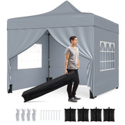 10 x 10 FT Pop up Canopy Tent with 4 Removable Sidewalls and Wheeled Bag-Gray-Canopies-DECOROLALA