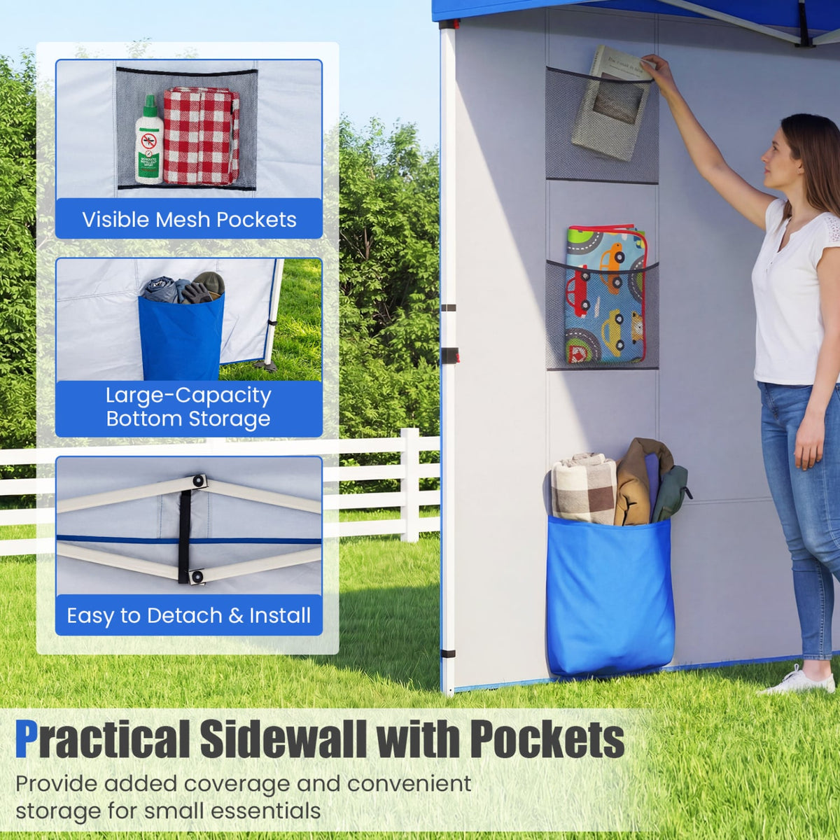 10 x 10 FT Pop up Canopy Tent with Sidewall 6 Pockets Instant Setup Commercial Gazebo-Blue-Canopies-DECOROLALA
