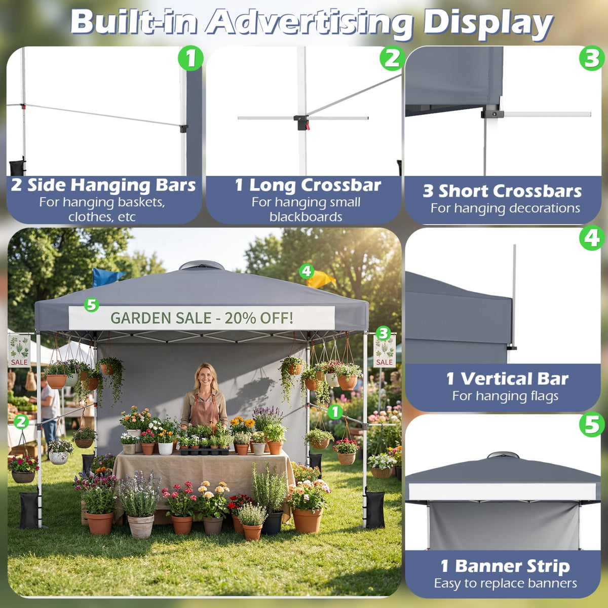 10 x 10 Feet Foldable Commercial Pop-up Canopy with Roller Bag and Banner Strip-Gray-Canopies-DECOROLALA