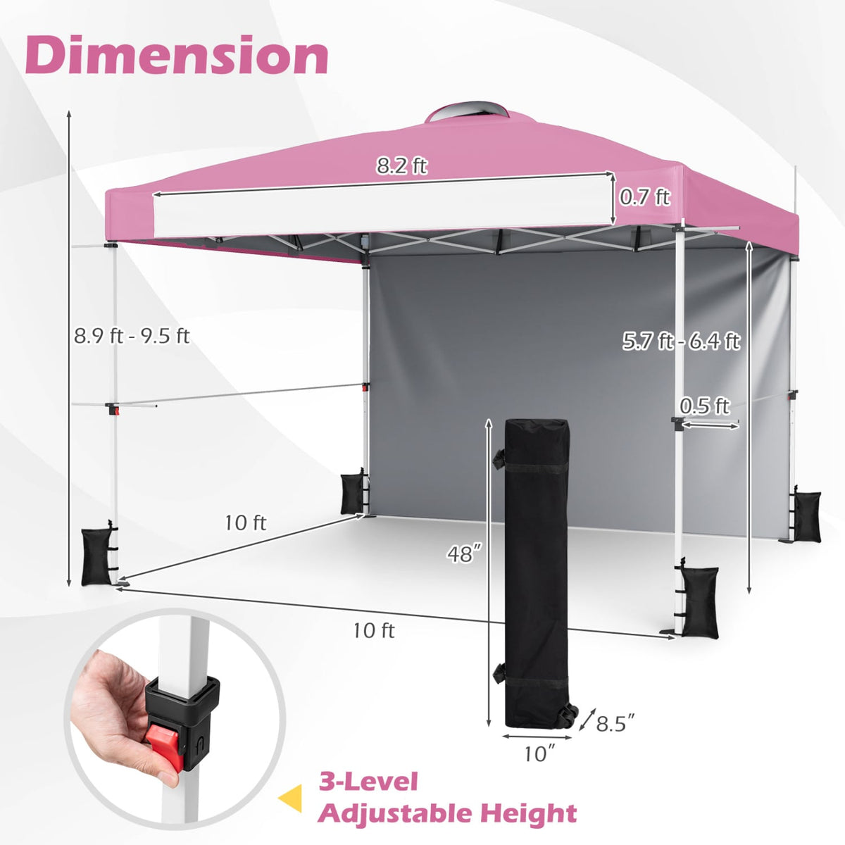 10 x 10 Feet Foldable Commercial Pop-up Canopy with Roller Bag and Banner Strip-Pink-Canopies-DECOROLALA
