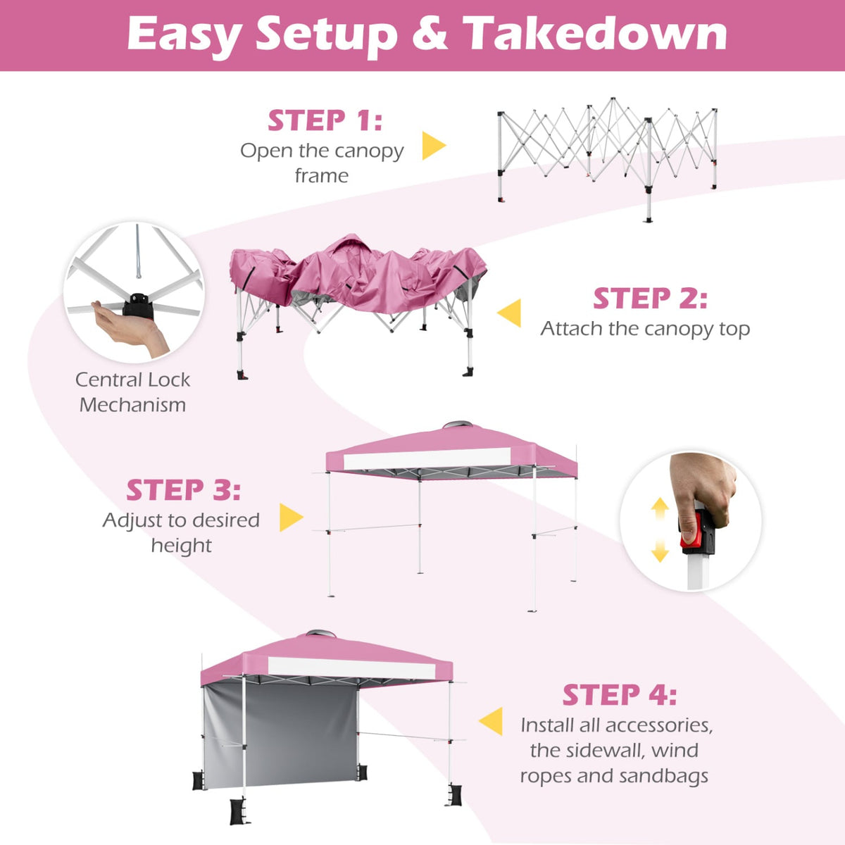 10 x 10 Feet Foldable Commercial Pop-up Canopy with Roller Bag and Banner Strip-Pink-Canopies-DECOROLALA