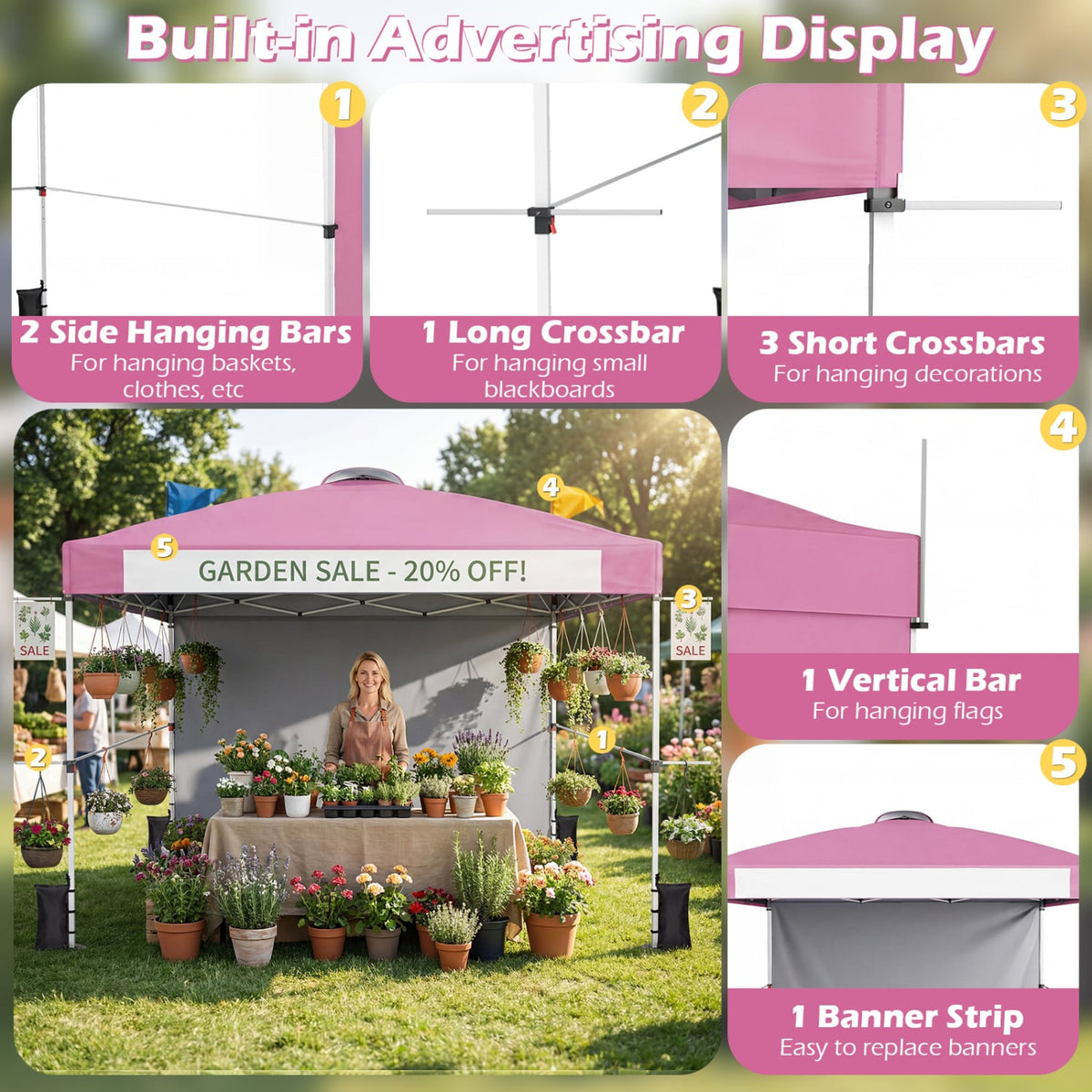 10 x 10 Feet Foldable Commercial Pop-up Canopy with Roller Bag and Banner Strip-Pink-Canopies-DECOROLALA
