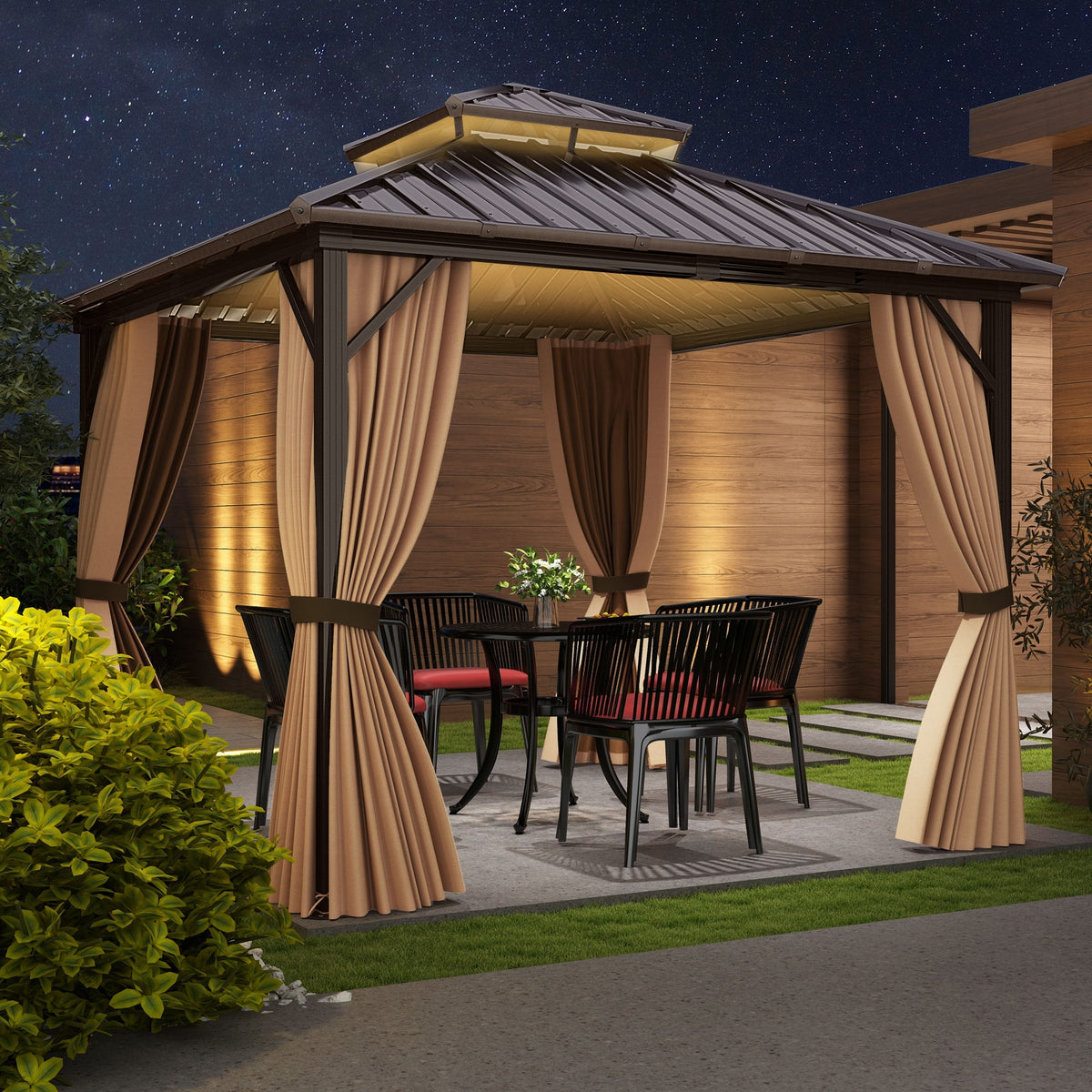 10 x 10 Feet Hardtop Gazebo with Netting and Curtain and Double-Roof Galvanized Metal Top-Gazebos-DECOROLALA