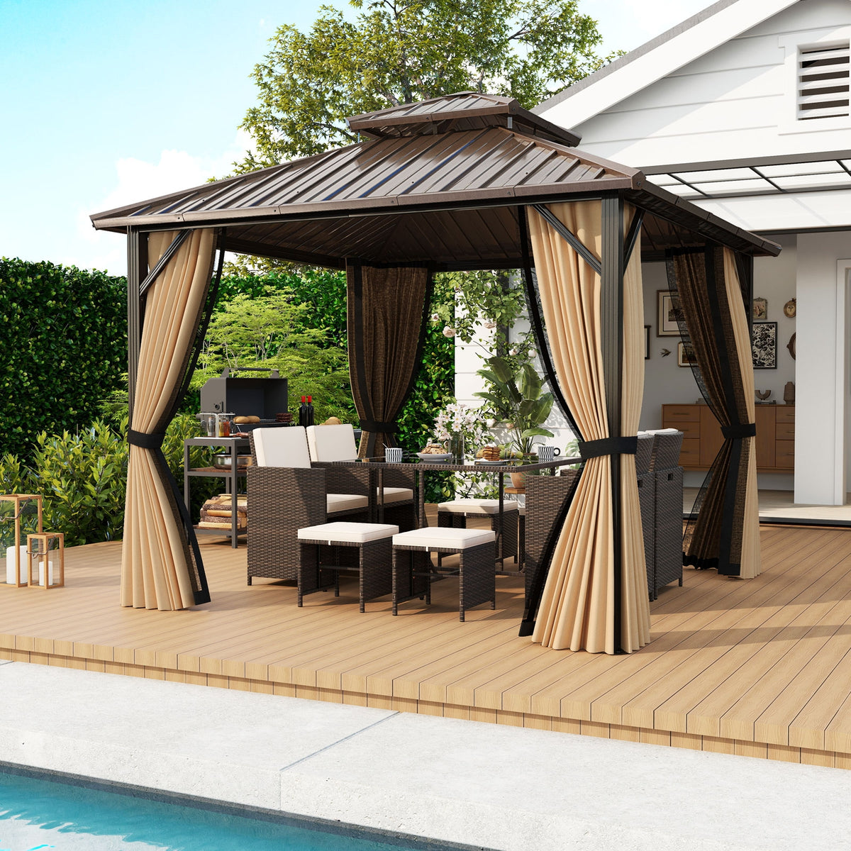 10 x 10 Feet Hardtop Gazebo with Netting and Curtain and Double-Roof Galvanized Metal Top-Gazebos-DECOROLALA