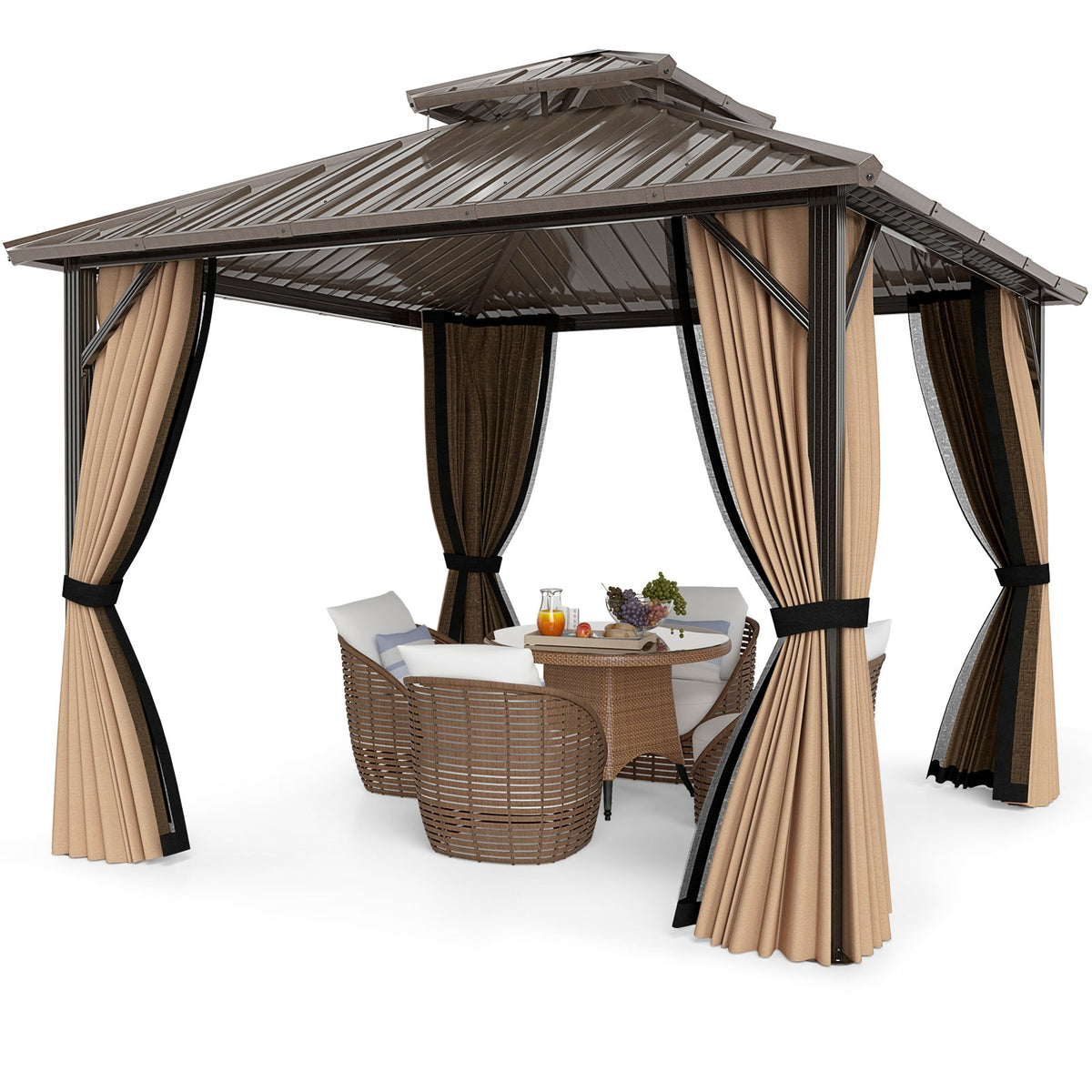 10 x 10 Feet Hardtop Gazebo with Netting and Curtain and Double-Roof Galvanized Metal Top-Gazebos-DECOROLALA