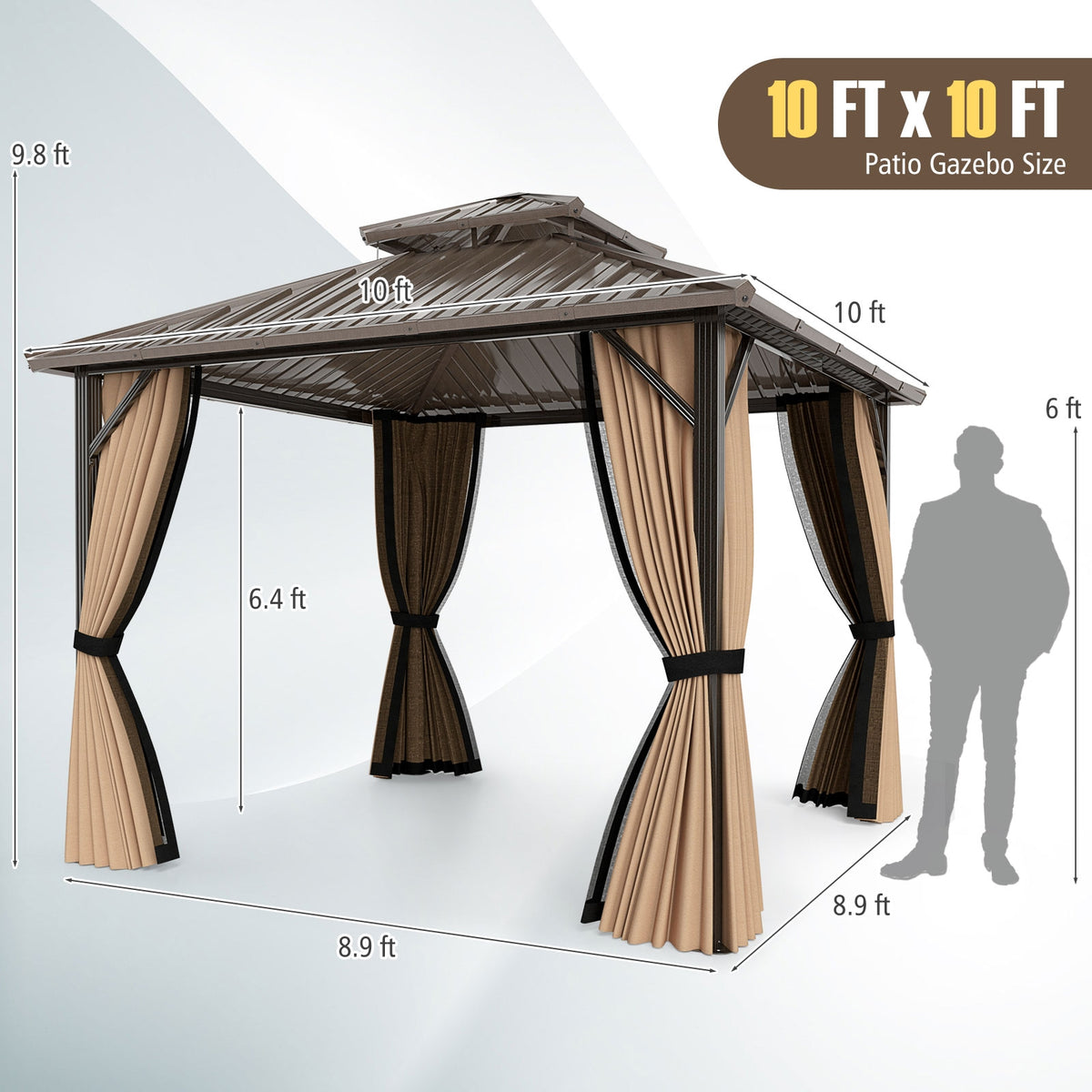 10 x 10 Feet Hardtop Gazebo with Netting and Curtain and Double-Roof Galvanized Metal Top-Gazebos-DECOROLALA
