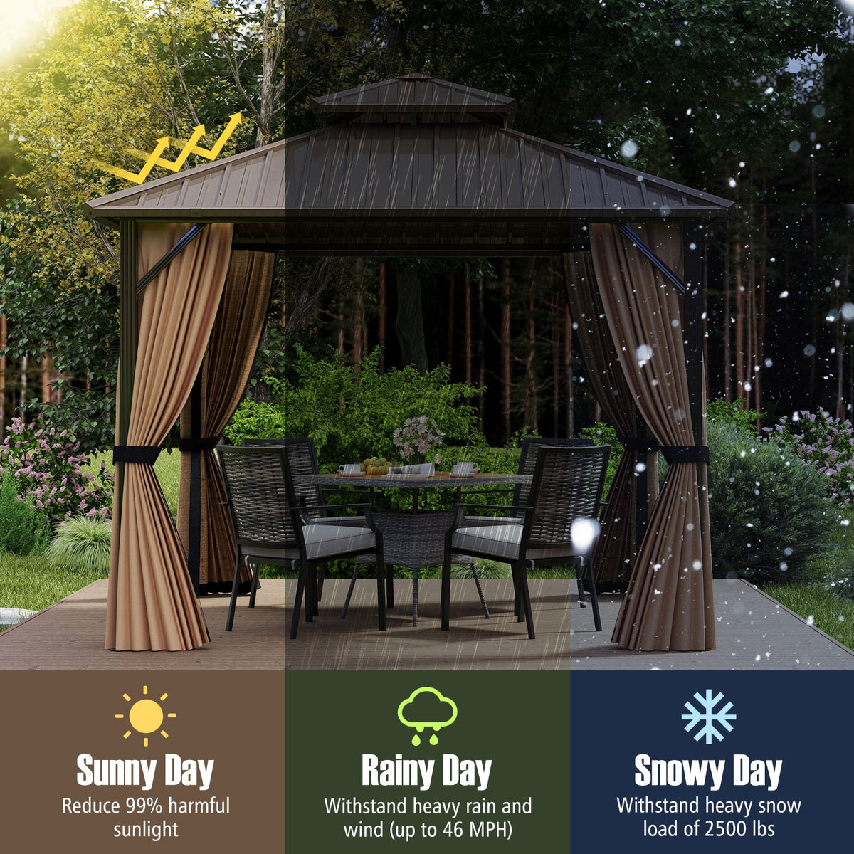 10 x 10 Feet Hardtop Gazebo with Netting and Curtain and Double-Roof Galvanized Metal Top-Gazebos-DECOROLALA