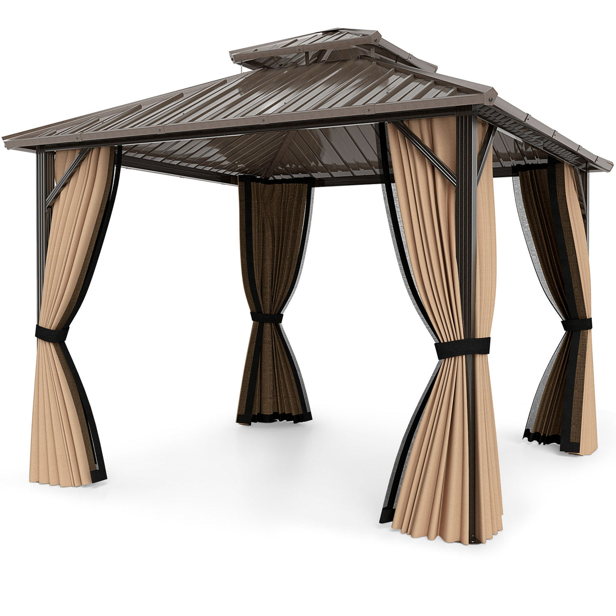 10 x 10 Feet Hardtop Gazebo with Netting and Curtain and Double-Roof Galvanized Metal Top-Gazebos-DECOROLALA