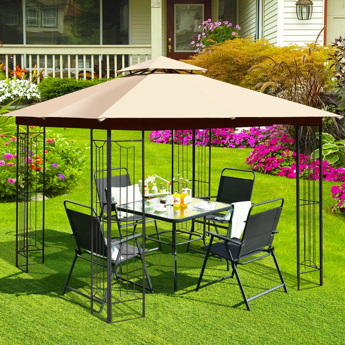 10 x 10 Feet L-Shaped Patio Canopy Gazebo Outdoor 2-Tier Steel Tent-Beige-Gazebos-DECOROLALA