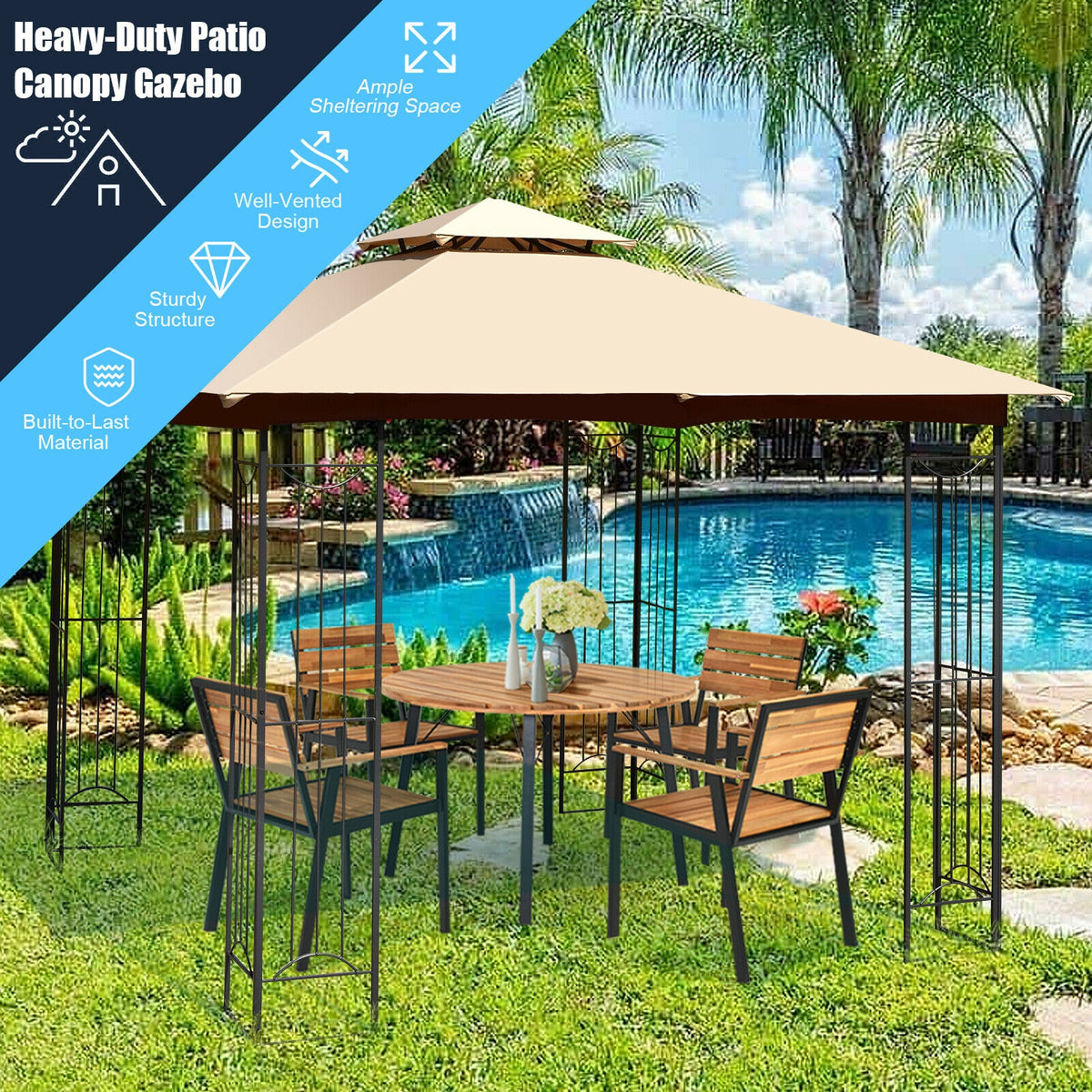 10 x 10 Feet L-Shaped Patio Canopy Gazebo Outdoor 2-Tier Steel Tent-Beige-Gazebos-DECOROLALA