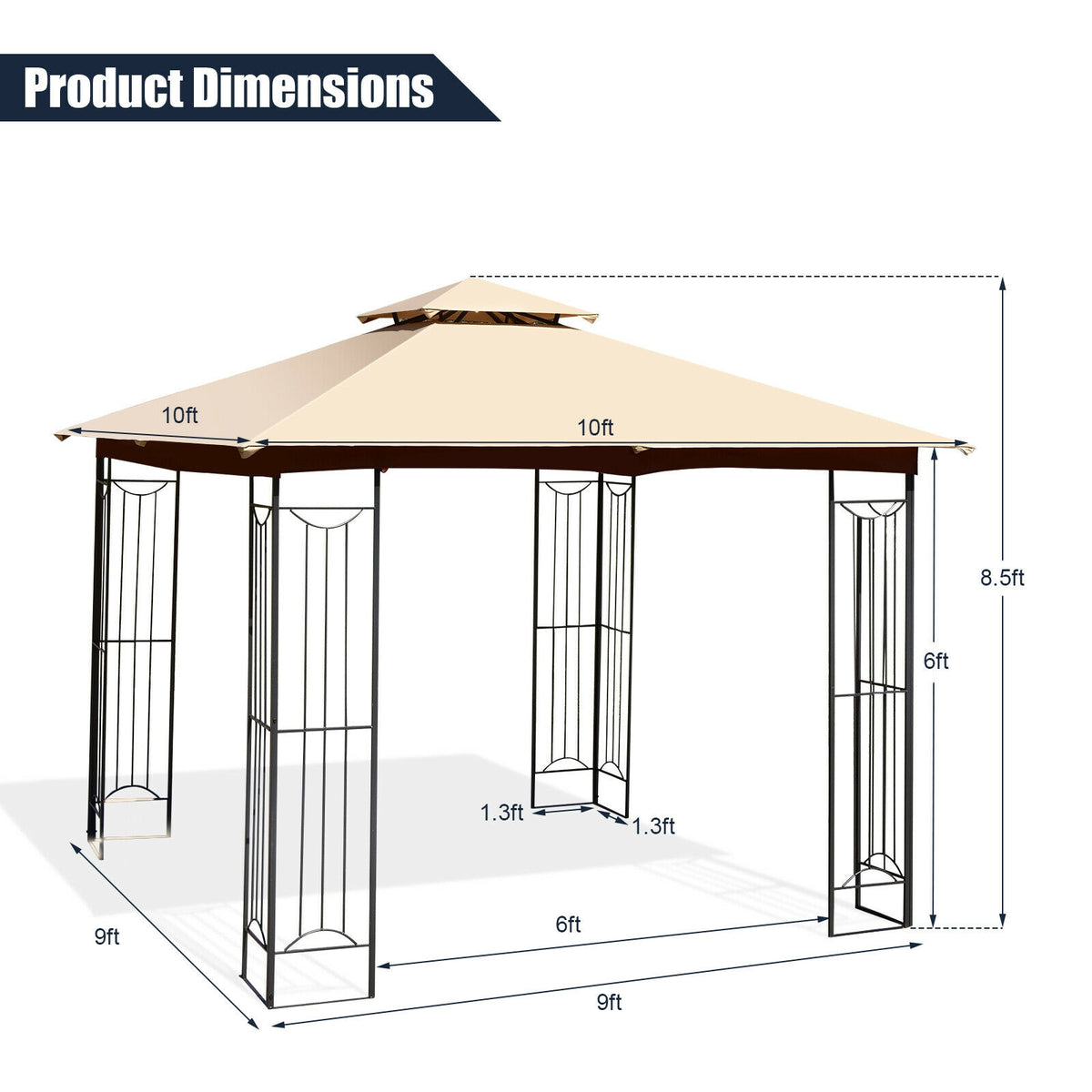 10 x 10 Feet L-Shaped Patio Canopy Gazebo Outdoor 2-Tier Steel Tent-Beige-Gazebos-DECOROLALA