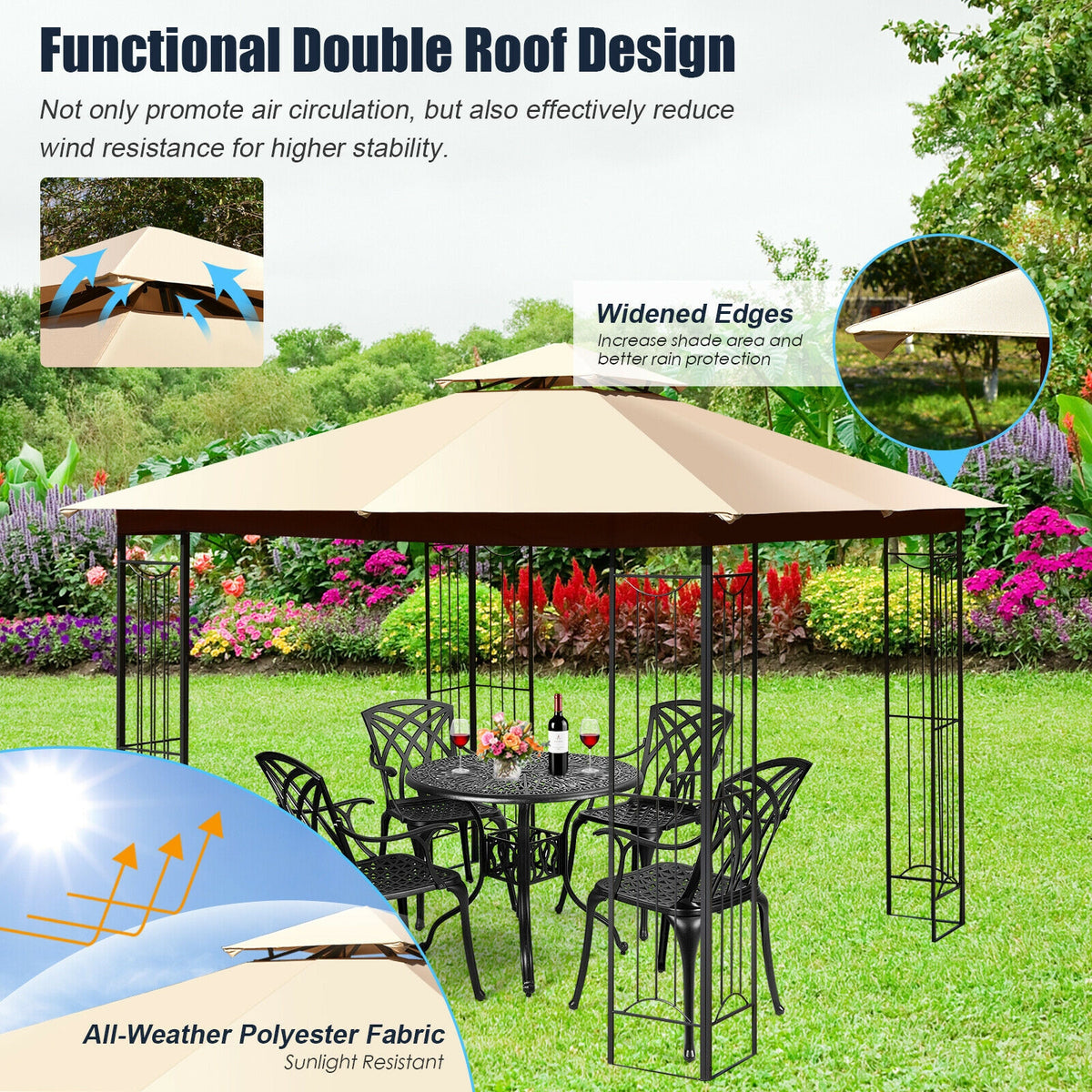 10 x 10 Feet L-Shaped Patio Canopy Gazebo Outdoor 2-Tier Steel Tent-Beige-Gazebos-DECOROLALA