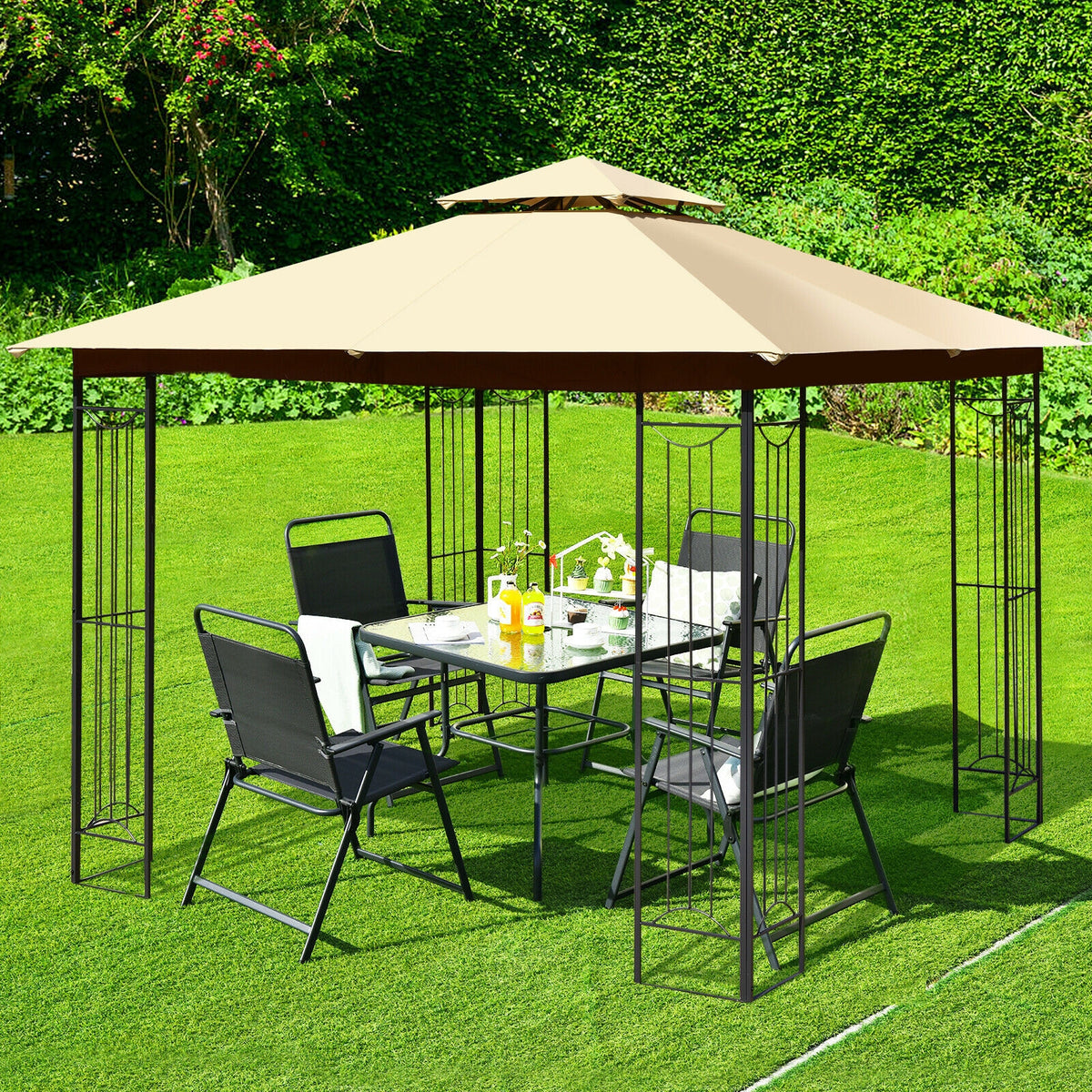 10 x 10 Feet L-Shaped Patio Canopy Gazebo Outdoor 2-Tier Steel Tent-Beige-Gazebos-DECOROLALA