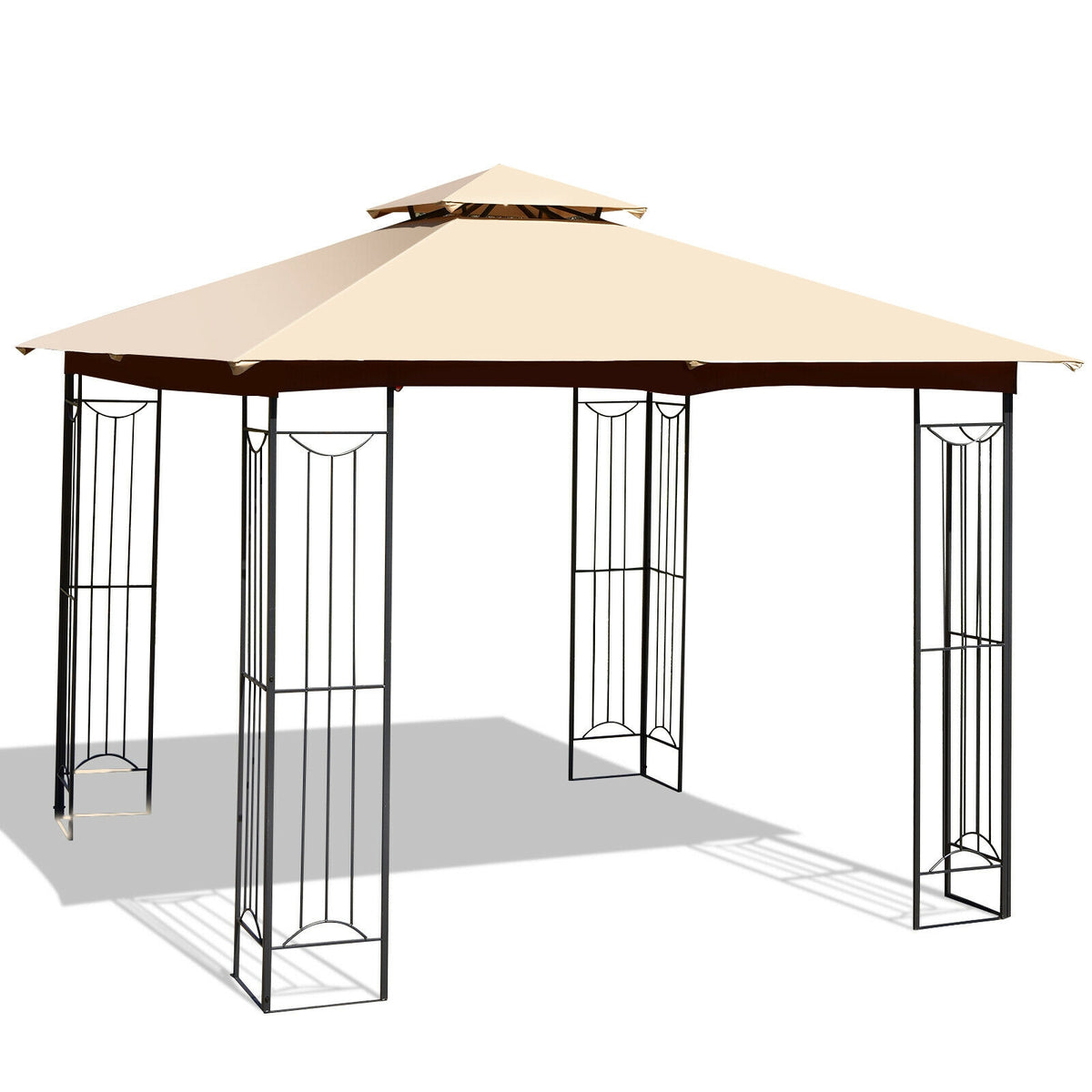 10 x 10 Feet L-Shaped Patio Canopy Gazebo Outdoor 2-Tier Steel Tent-Beige-Gazebos-DECOROLALA