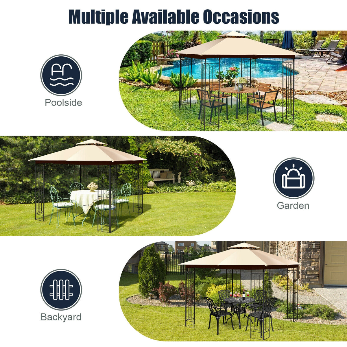 10 x 10 Feet L-Shaped Patio Canopy Gazebo Outdoor 2-Tier Steel Tent-Beige-Gazebos-DECOROLALA