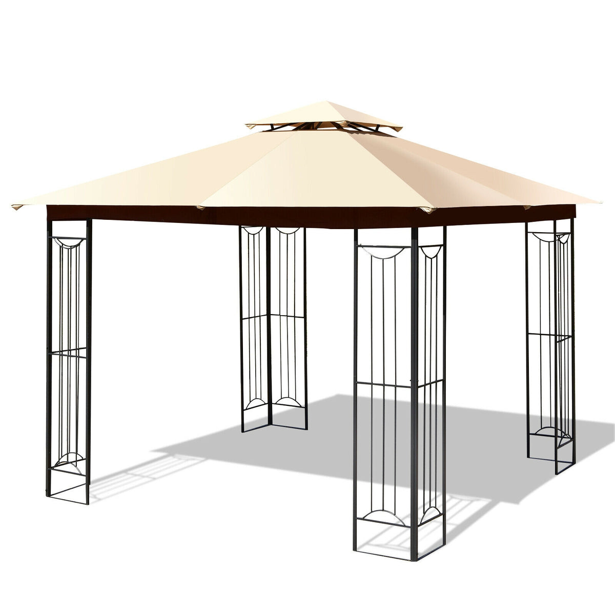 10 x 10 Feet L-Shaped Patio Canopy Gazebo Outdoor 2-Tier Steel Tent-Beige-Gazebos-DECOROLALA