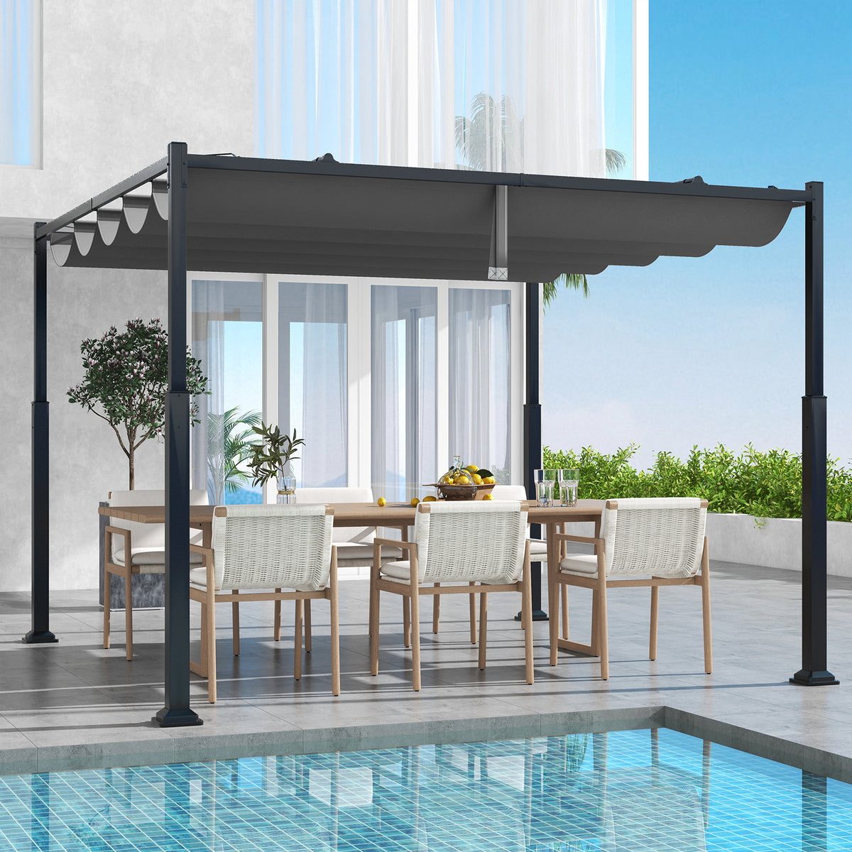 10 x 10 Feet Outdoor Pergola with Retractable Canopy and Metal Columns ...