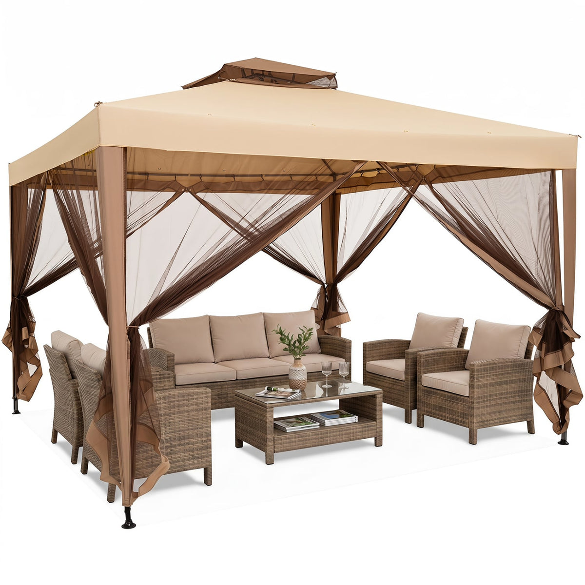 10 x 10 Feet Patio Canopy Gazebo with Neting and Double Tiered Roof-Yellow-Gazebos-DECOROLALA